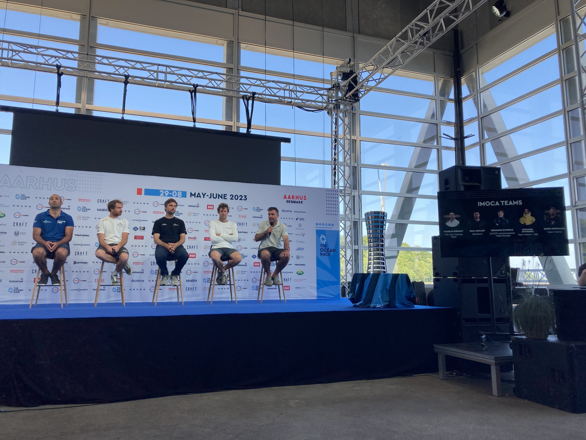 The five skippers of the IMOCA crews in The Ocean Race expressed their concerns over the amount of microplastics that had been collected from the ocean ©ITG