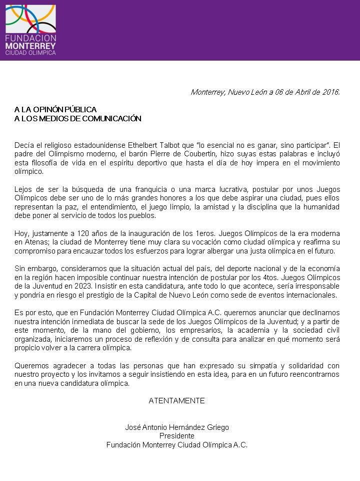A statement in Spanish confirmed Monterrey's decision
