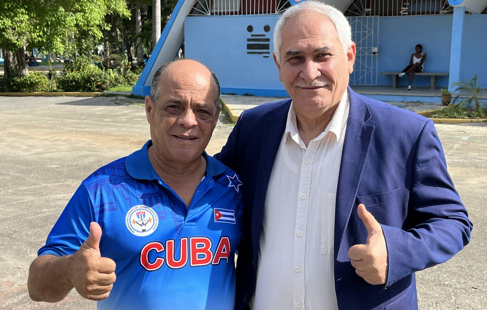 IWF President Mohamed Jalood, right, with Cuba's 1980 Olympic champion Daniel Nunez ©Brian Oliver