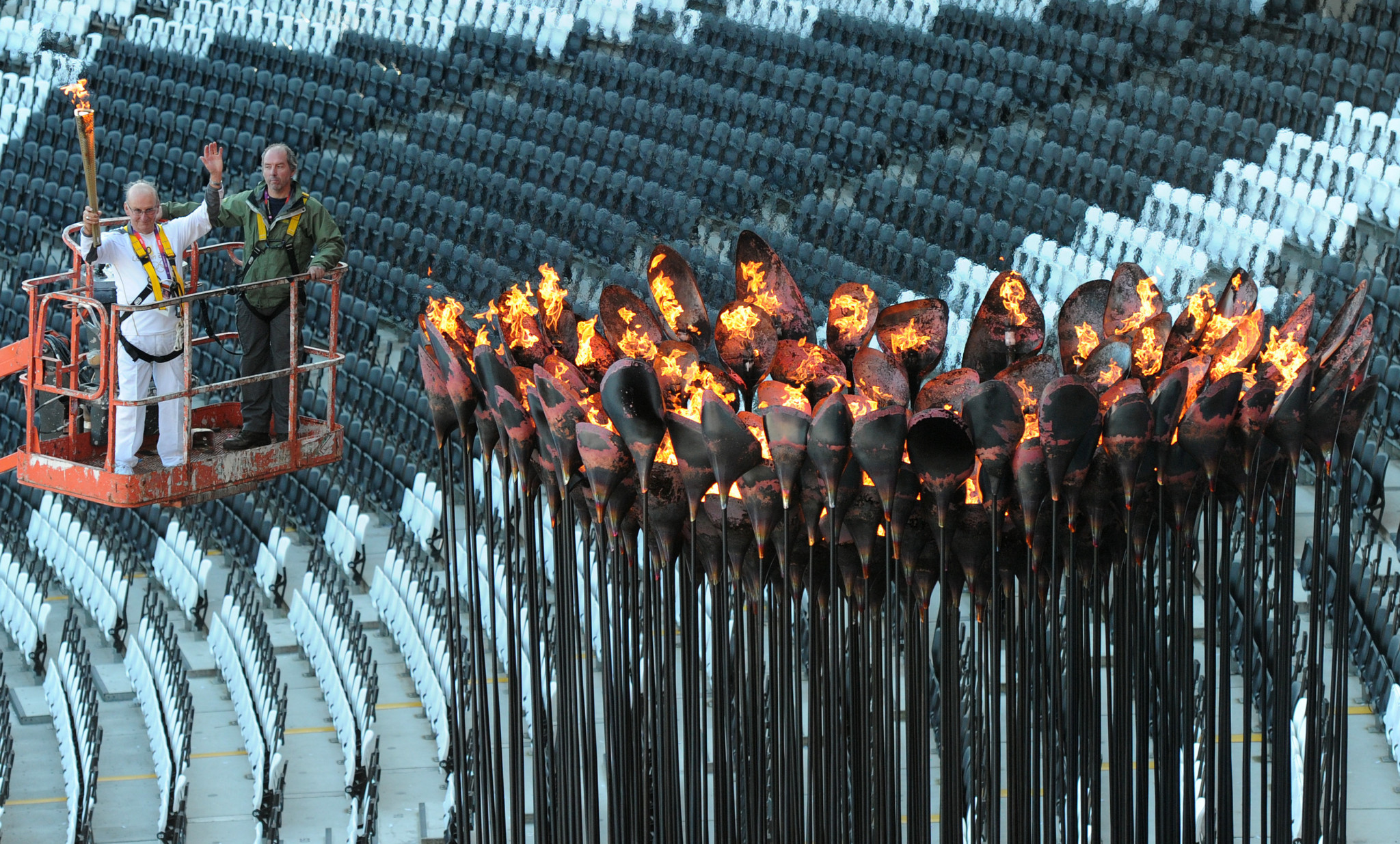 The 2012 cauldron was re-lit by Austin Playfoot, a Torchbearer in 1948 after it had been re-positioned in the stadium after the Opening Ceremony ©Getty Images