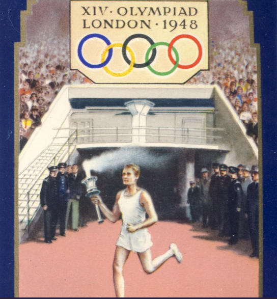 A playing card depicts the arrival of the Olympic Flame at Wembley carried by "tall and blonde" Cambridge University student John Mark ©ITG 