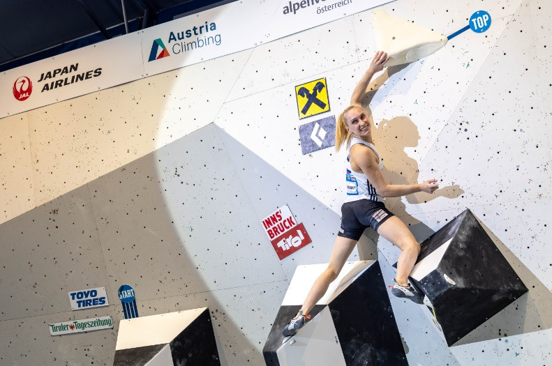 Slovenia’s Janja Garnbret came out on top in both the women's boulder and lead competitions at the IFSC World Cup in Innsbruck ©IFSC