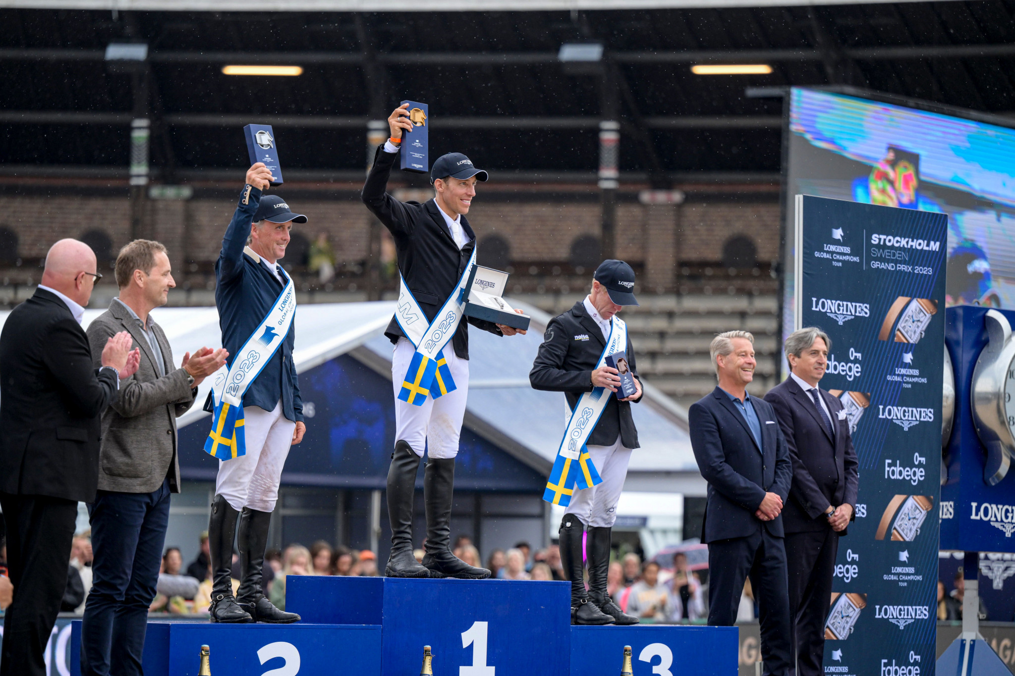 The podium for the Global Champions Tour Grand Prix in Stockholm, won by home rider Henrik von Eckermann ©Global Champions Tour