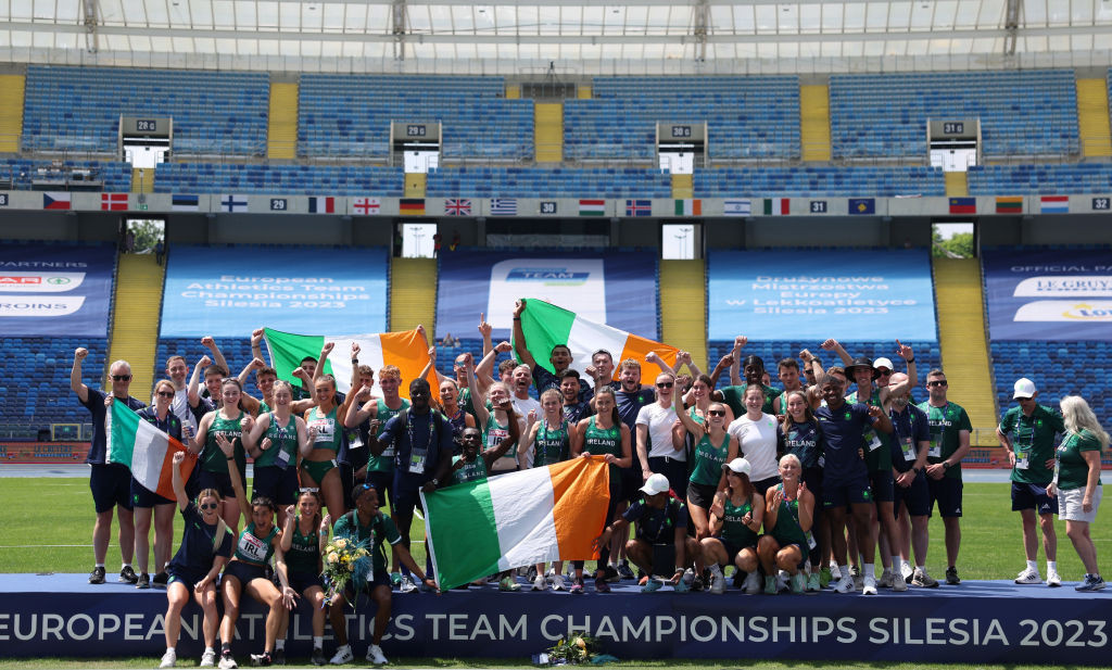 Ireland celebrate winning the 3rd league of the European Athletics Team Championships in the Slaski Stadium in Chorzow today ©Getty Images