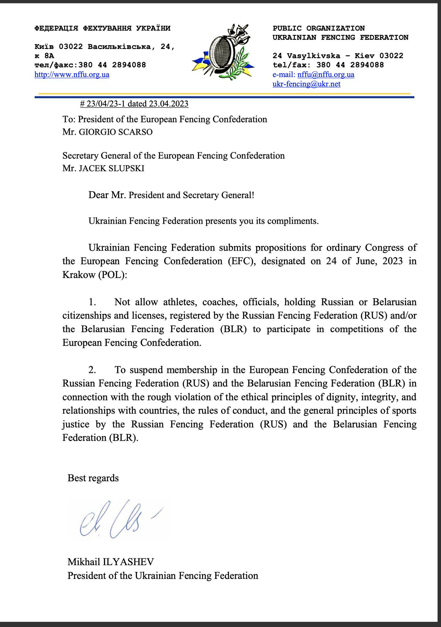 A pair of motions proposed by Mikahil Ilyashev was passed at the European Fencing Confederation Congress in Kraków ©ITG