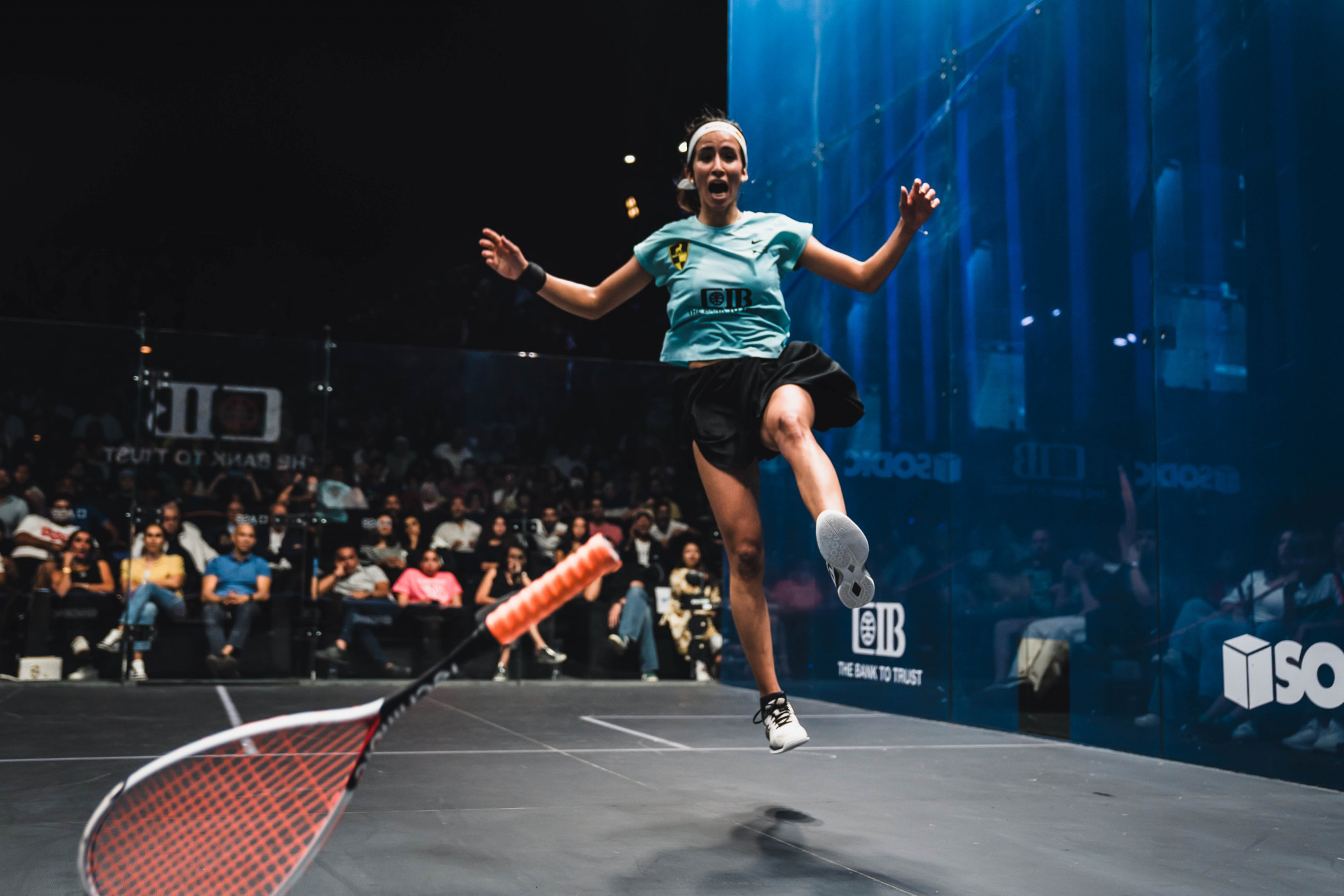 Top seed Nouran Gohar celebrates after beating world champion Nour El Sherbini to secure a place in the women's final in Cairo ©PSA World Tour