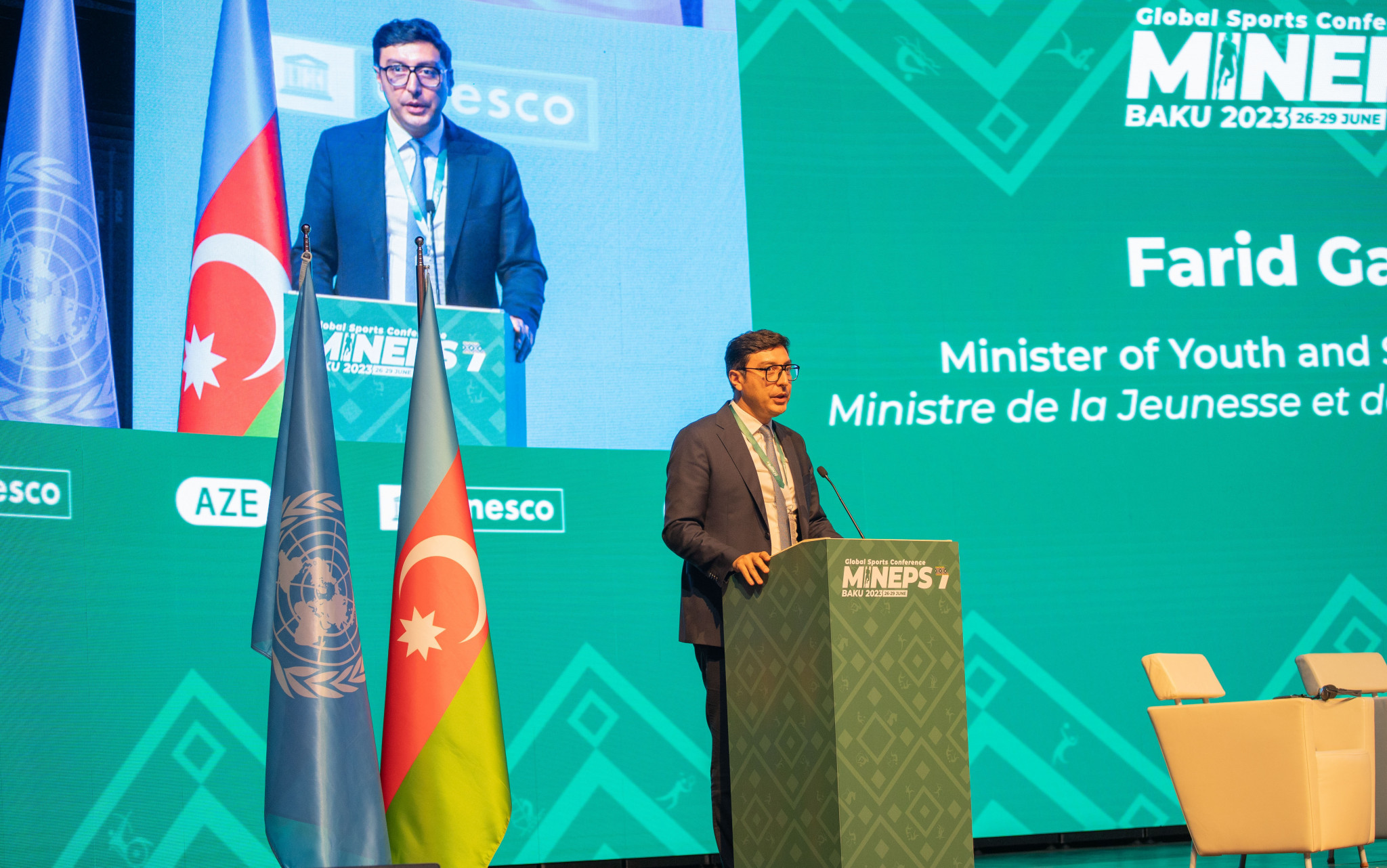 Azerbaijan's Minister of Youth and Sport Farid Gayibov welcomes delegates to the Multistakeholder Forum before the official start of MINEPS VII ©Baku 2023