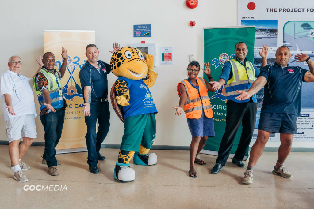 Pacific Games mascot Solo was among those to welcome the installation of the debrillator at Honiara Airport ©Sol2023