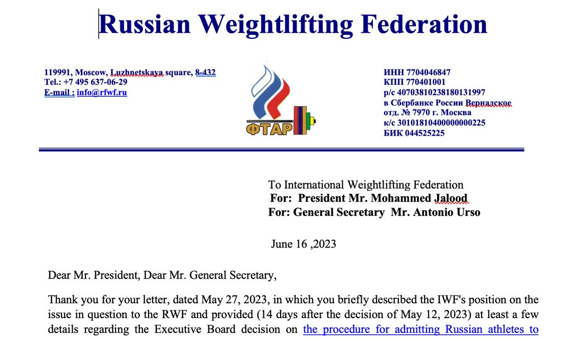 A letter has been issued by the Russian Weightlifting Federation explaining why not one of its elite lifters signed up to 