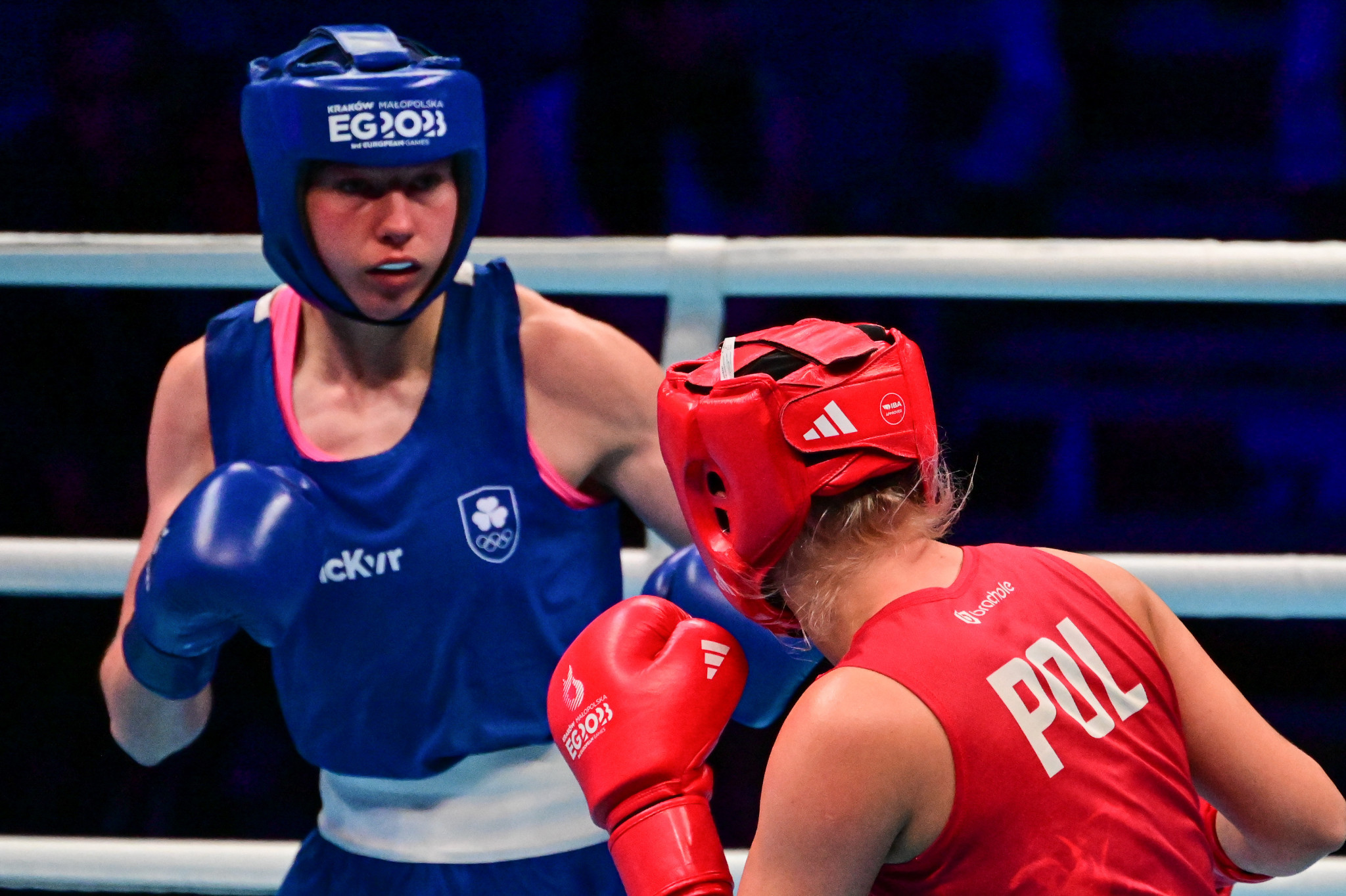 Ireland's Aoife O'Rourke, left, narrowly came through her women's under-75kg semi-final against Polish home favourite Elżbieta Wójcik , right, for her country's fifth Olympic quota place from the European Games ©Kraków-Małopolska 2023