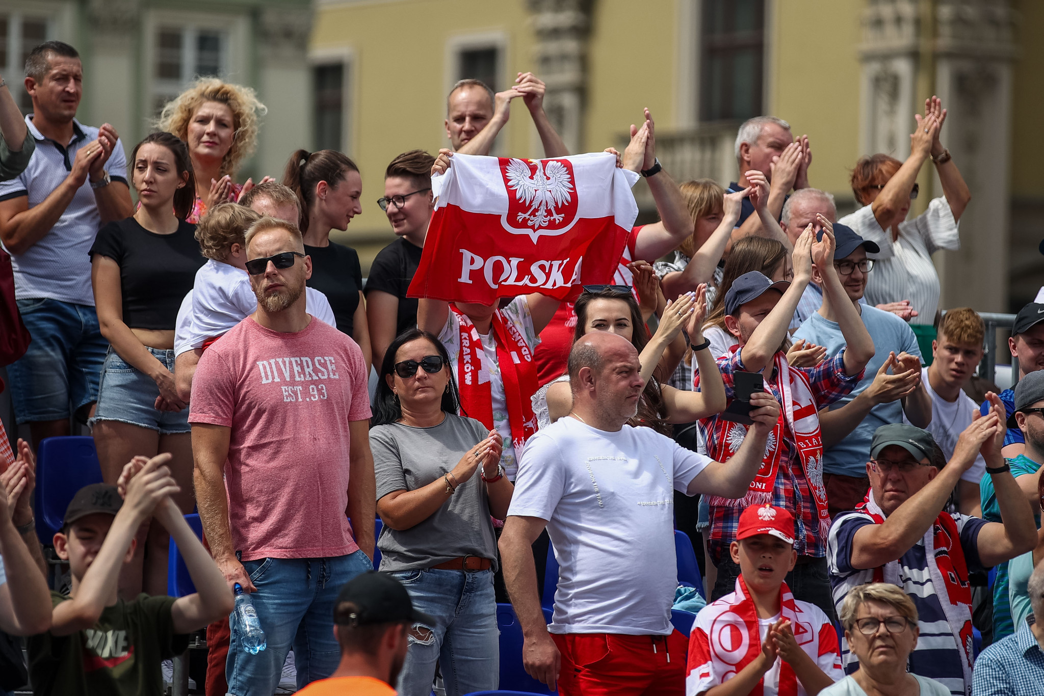 Polish fans in the Main Market Square hailed home silver and bronze in the concluding teqball events ©Kraków-Malopolska 2023