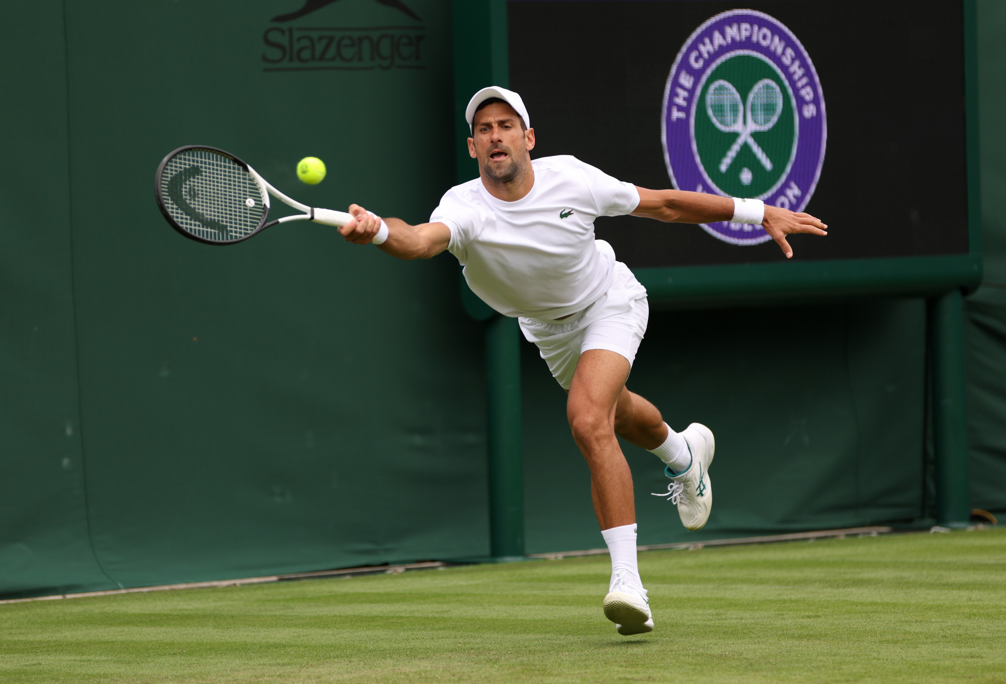 Novak Djokovic practices as he prepares to start his bid for a fifth successive Wimbledon title ©Getty Images