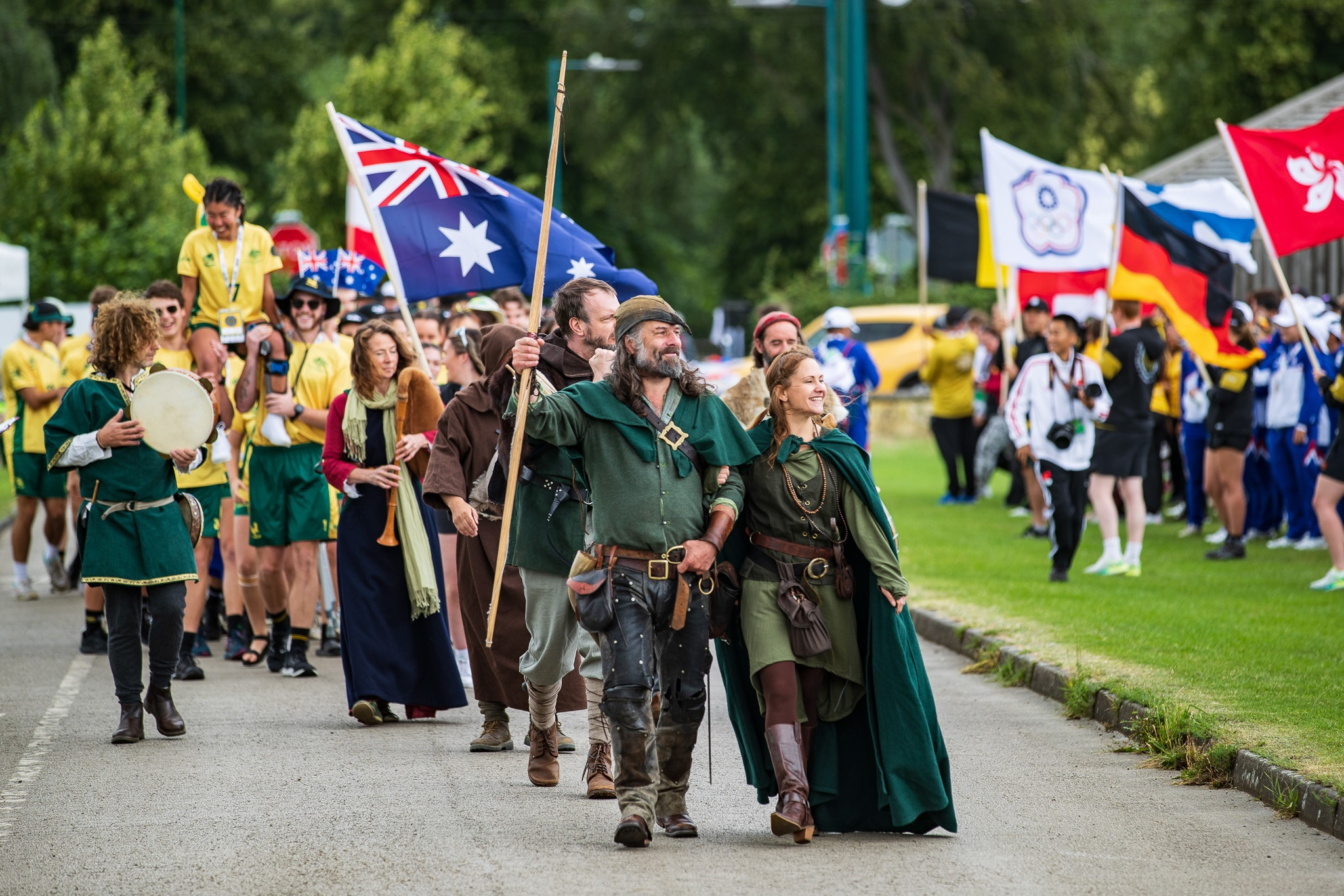 Robin Hood and Maid Marian lead the Parade of Nations during the Opening Ceremony of the World Under-24 Ultimate Championships in Nottingham ©WFDF
