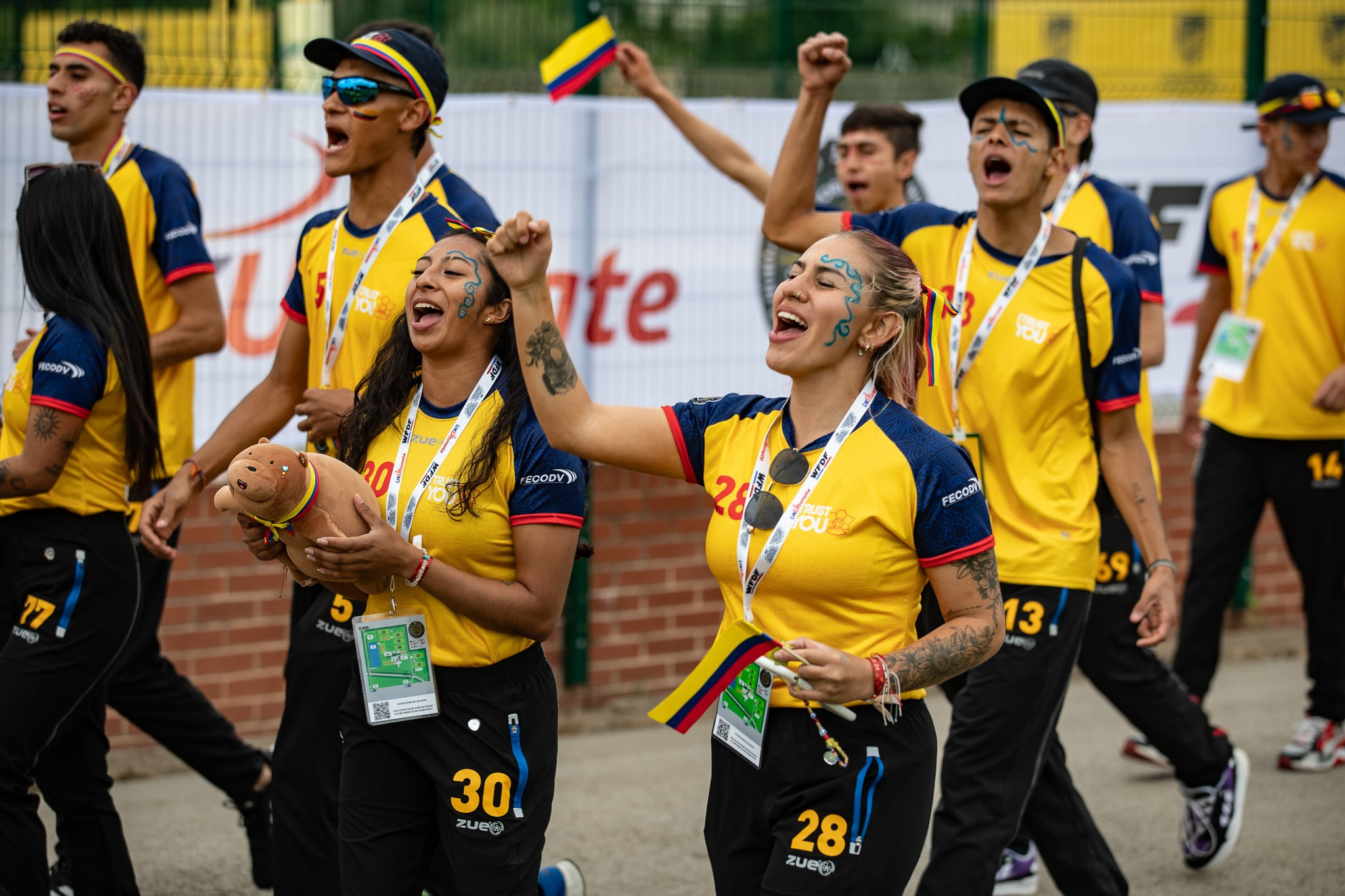 Colombian players make their voices heard as they head out for the Opening Ceremony ©WFDF