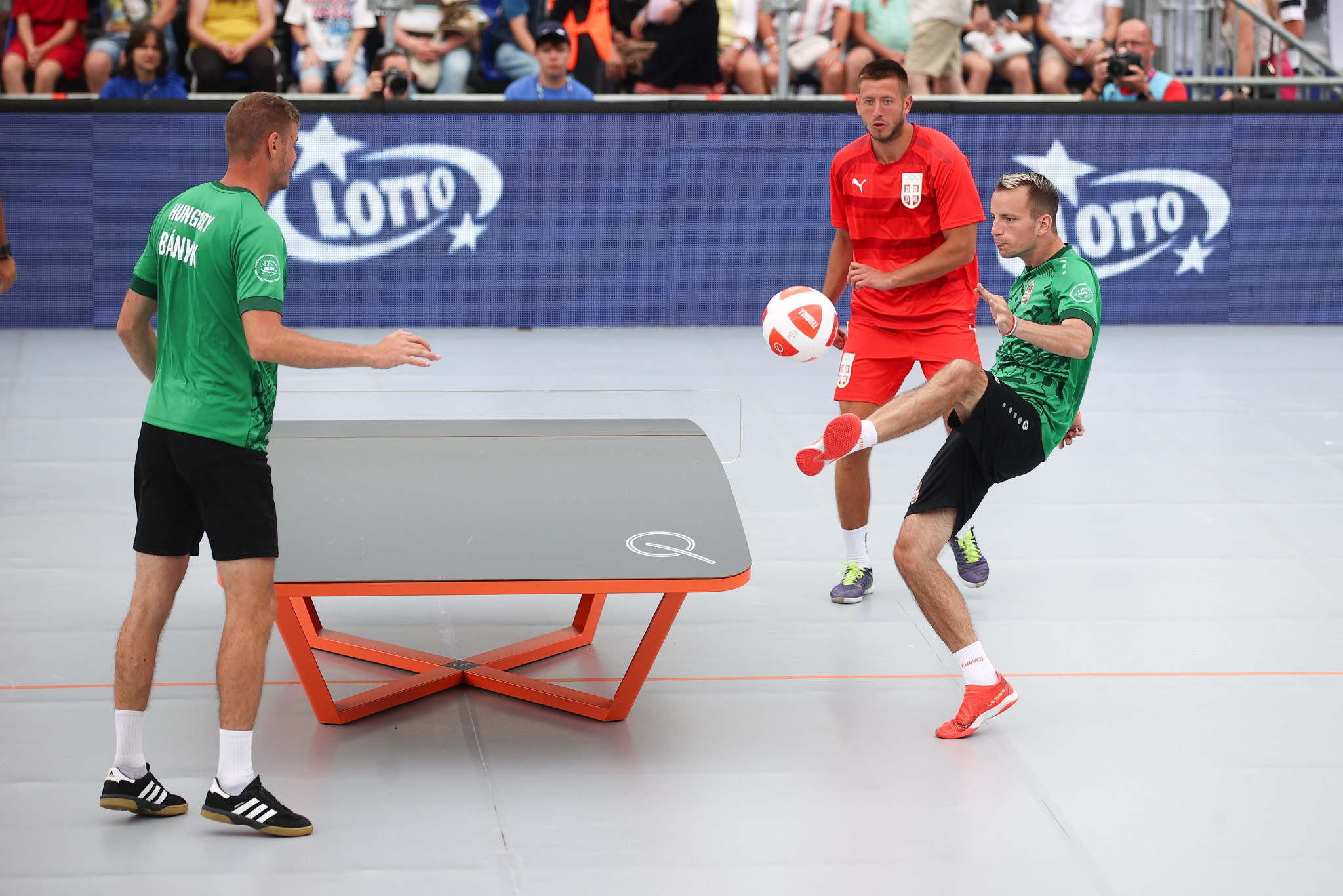 Hungary's Csaba Banyik, left, and Balázs Katz, right, won the postponed men's doubles teqball final against world champions Bogdan Marojević and Nikola Mitro of Serbia ©Kraków-Małopolska 2023