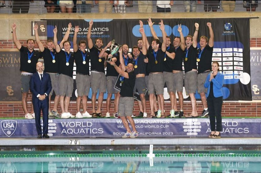 Spain celebrate after winning their first Men's Water Polo World Cup title after comfortably beating Italy ©World Aquatics