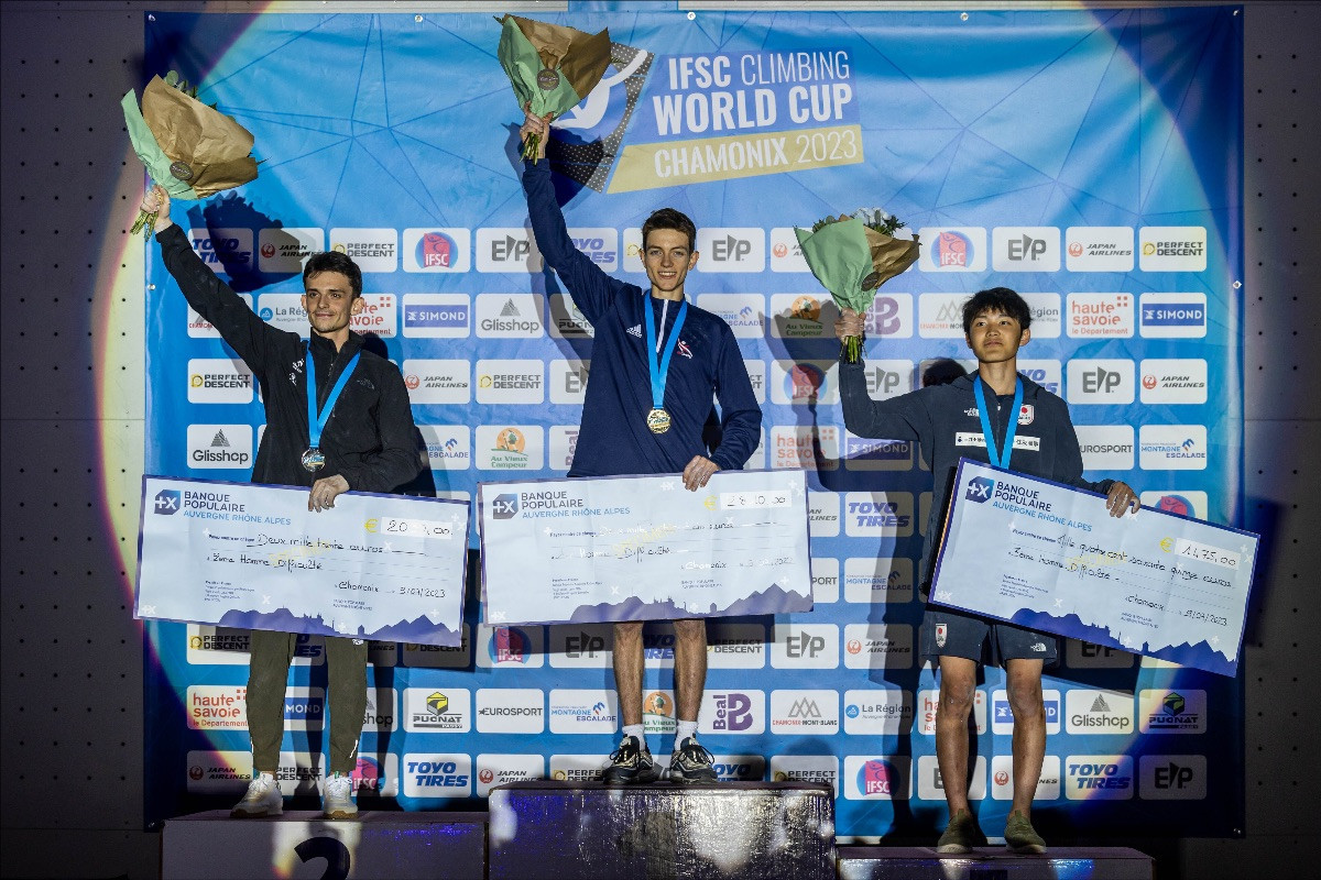 The podium for the men's lead event at the IFSC World Cup in Chamonix, won by Britain's Toby Roberts ©IFSC/Jan Virt