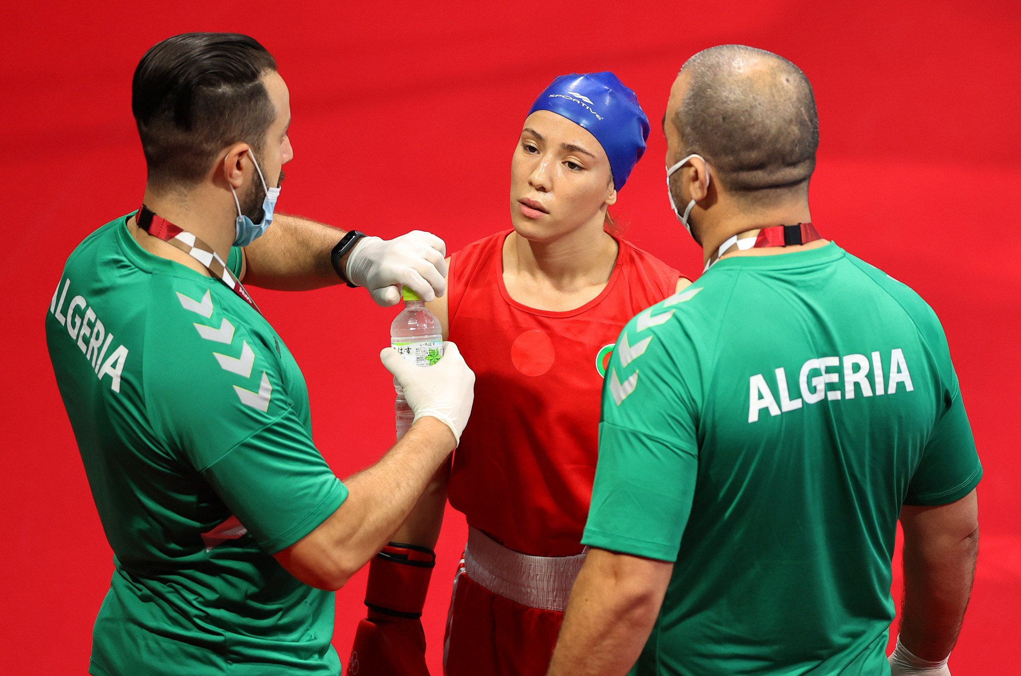 Roumaysa Boualam, centre, was among the boxing gold medallists for Algeria at the Pan Arab Games ©Getty Images