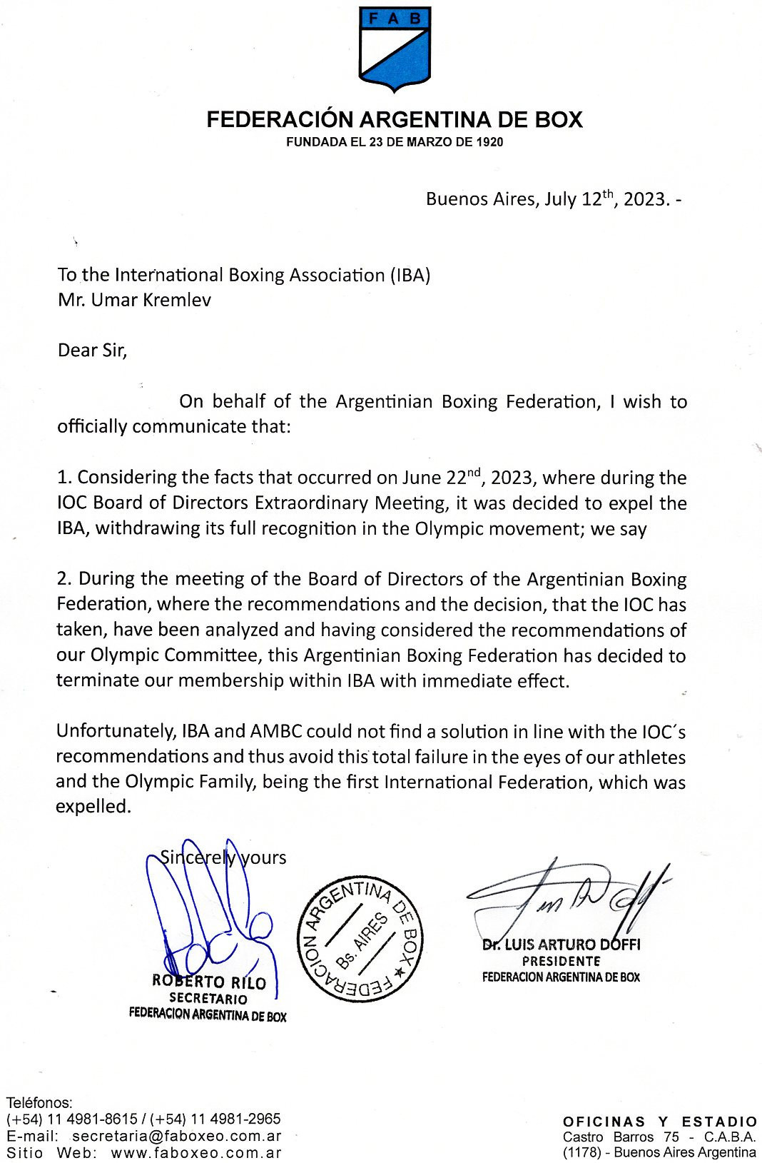 Argentina became the fourth nation to withdraw from the IBA, blaming its expulsion from the Olympic Movement ©ITG