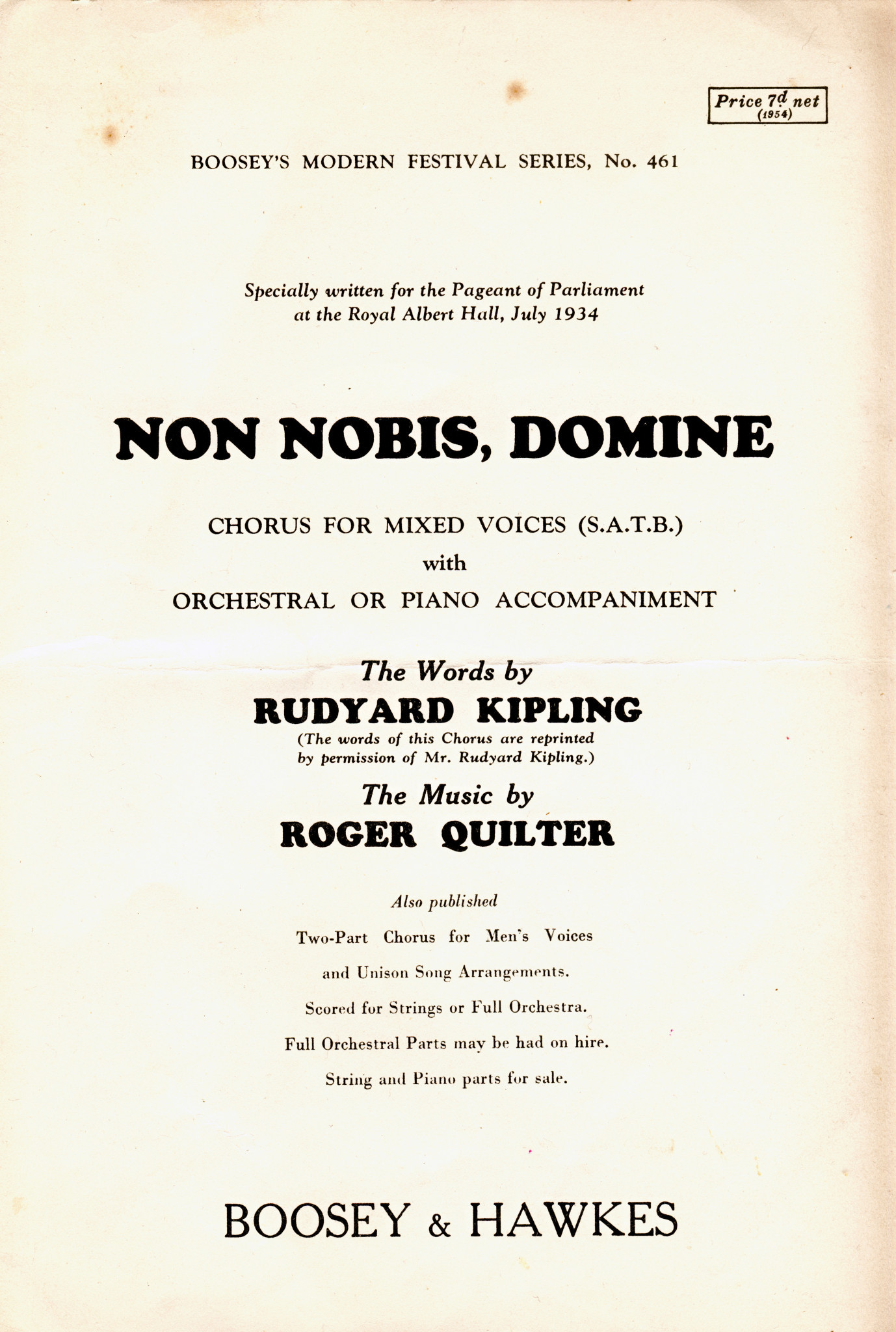 Choristers chosen to sing at the Opening Ceremony of the 1948 Olympics in London were asked to bring their own copies of the score for Non Nobis Domine to Wembley ©Boosey and Hawkes