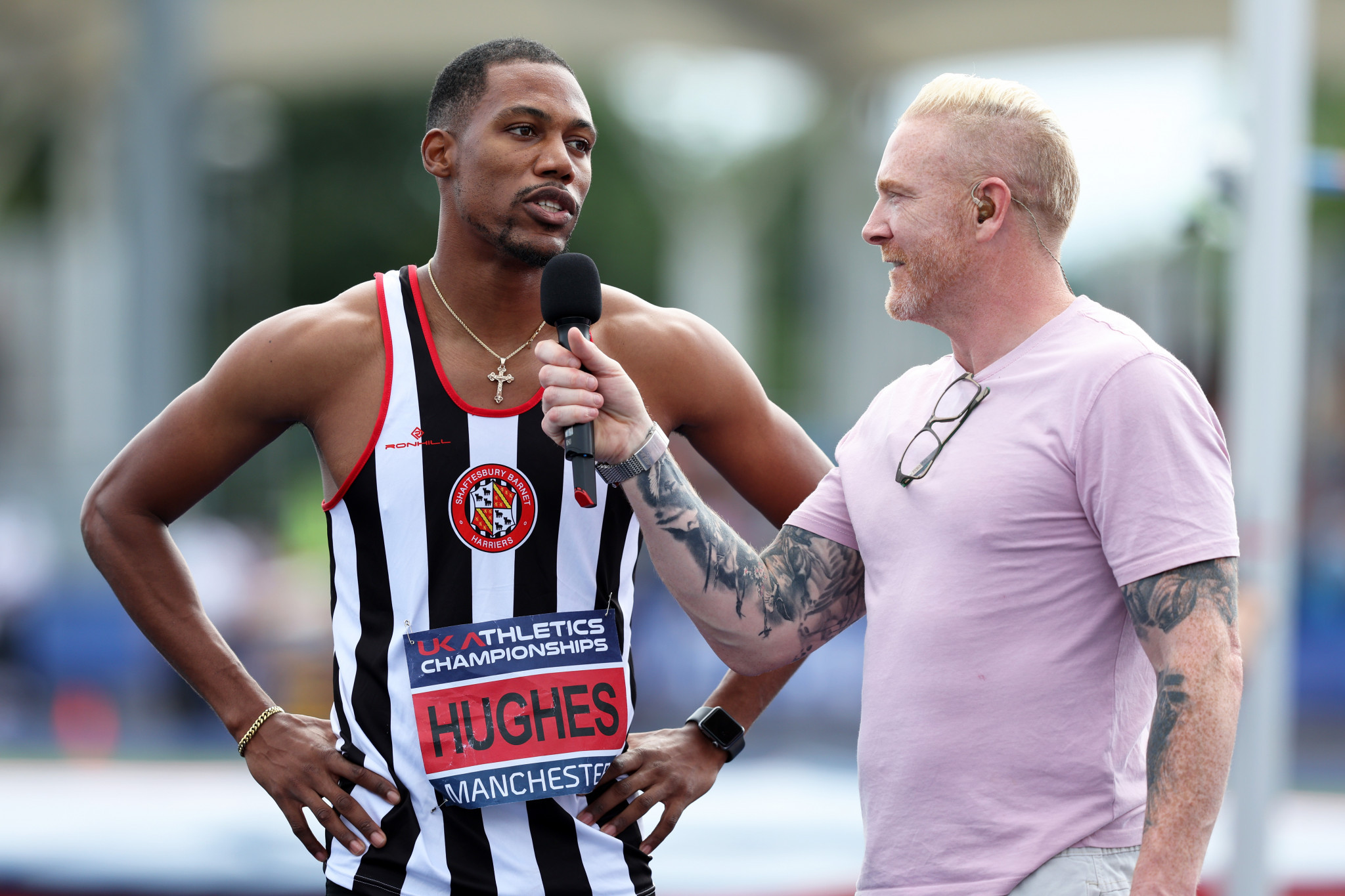 Zharnel Hughes is interviewed by the author at the British Championships, where he completed the 100m and 200m double ©Getty Images