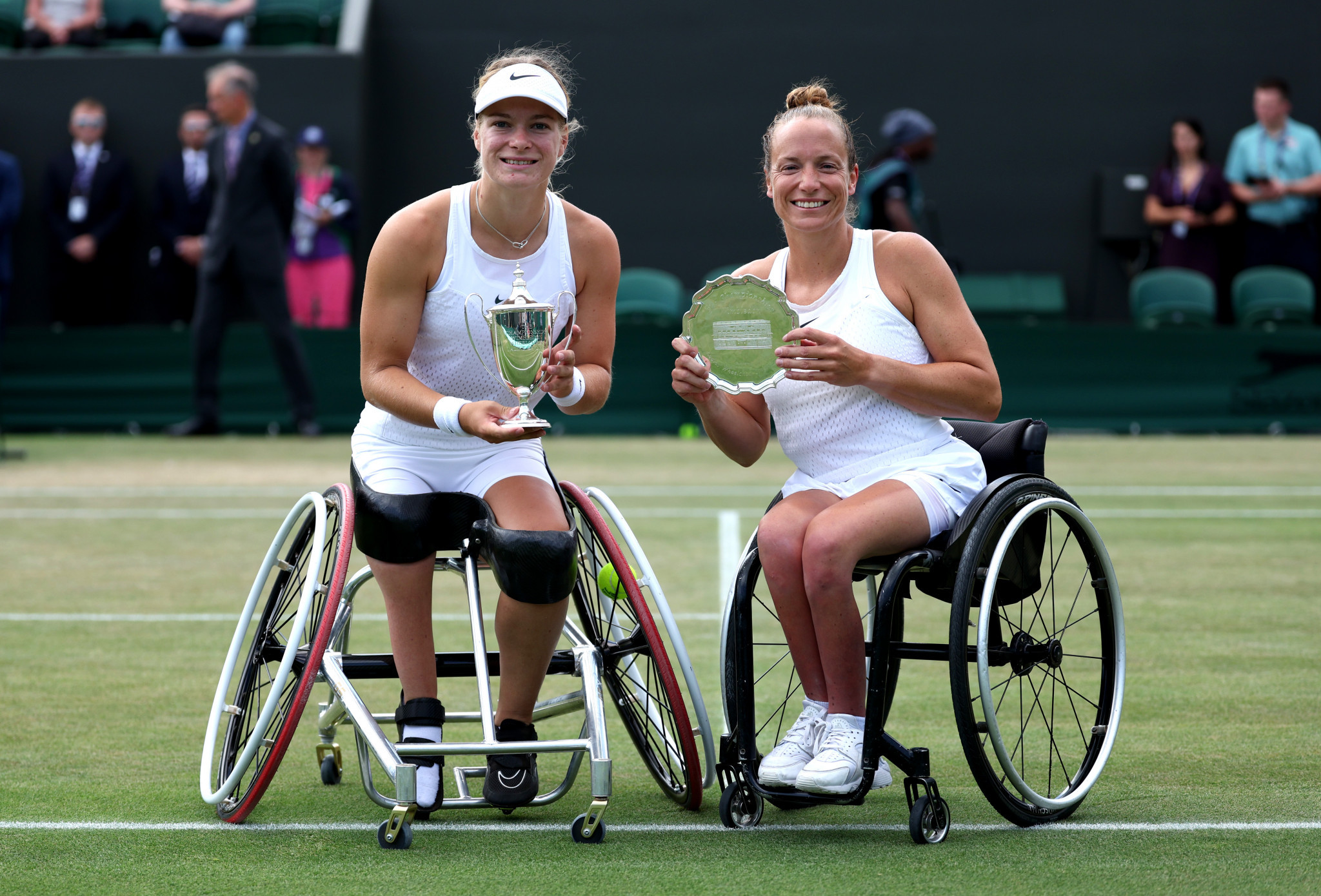 Diede de Groot of The Netherlands, left, defeated her doubles partner Jiske Griffioen 6-2, 6-1 to win her 11th successive Grand Slam women’s wheelchair singles title ©Getty Images 