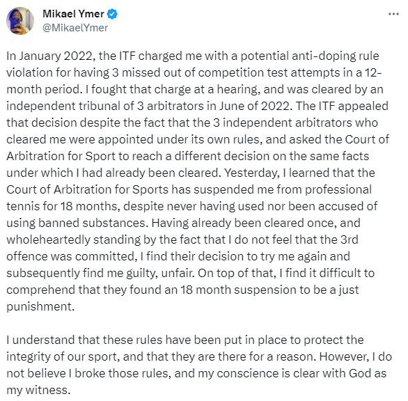 Mikael Ymer has claimed the 18-month ban issued by the CAS is too severe ©Twitter