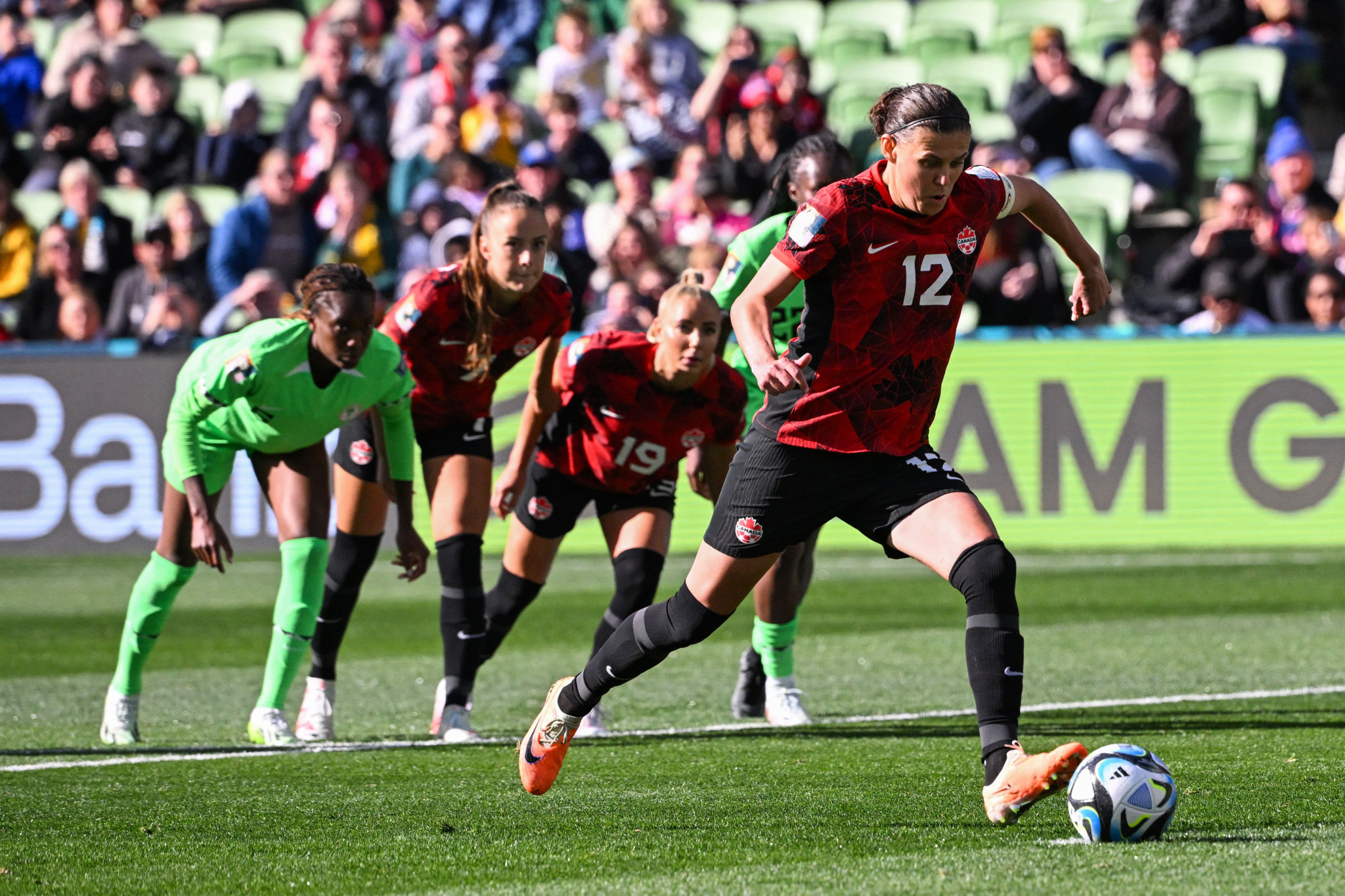 Canadian captain Christine Sinclair, front, could have become the first player to score at six World Cups, but her penalty was saved by Nigerian goalkeeper Chiamaka Nnadozie ©Getty Images