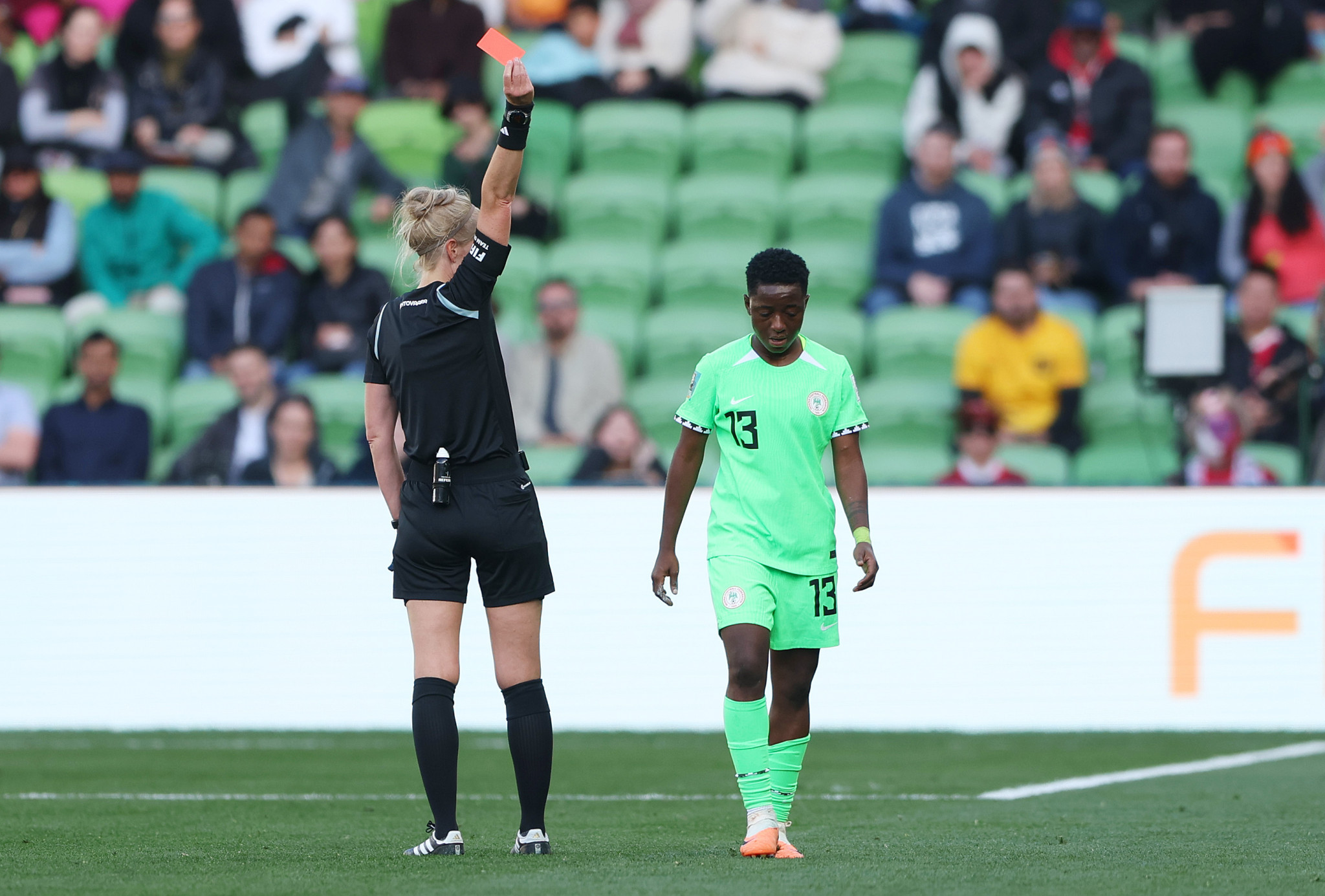 Nigeria's Deborah Abiodun, right, received the first red card of the tournament in stoppage time after a video assistant referee review ©Getty Images