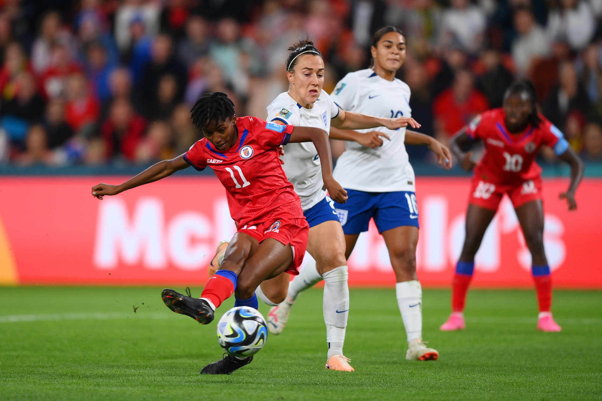 While England underwhelmed, world number 53-ranked side Haiti impressed on their tournament debut, and almost took a share of the spoils through a well-saved effort from Roseline Eloissaint, left ©Getty Images