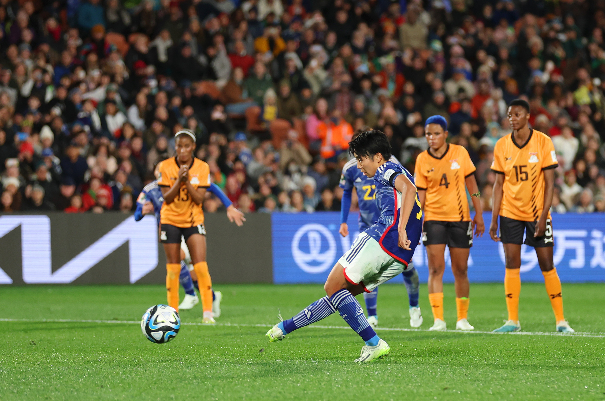 A penalty in the 11th minute of second half injury time from Riko Ueki, front, rounded off Japan's 5-0 win against Zambia ©Getty Images