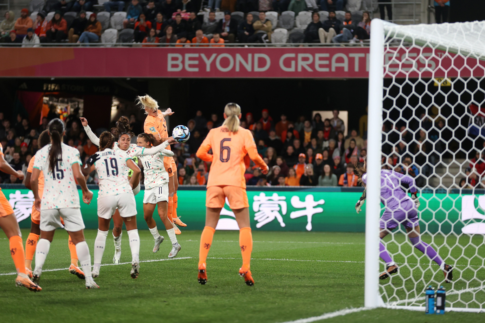 Stefanie van der Gragt, second right player in orange, headed home the only goal of the game to help 2019 runners-up The Netherlands beat Portugal 1-0 ©Getty Images 