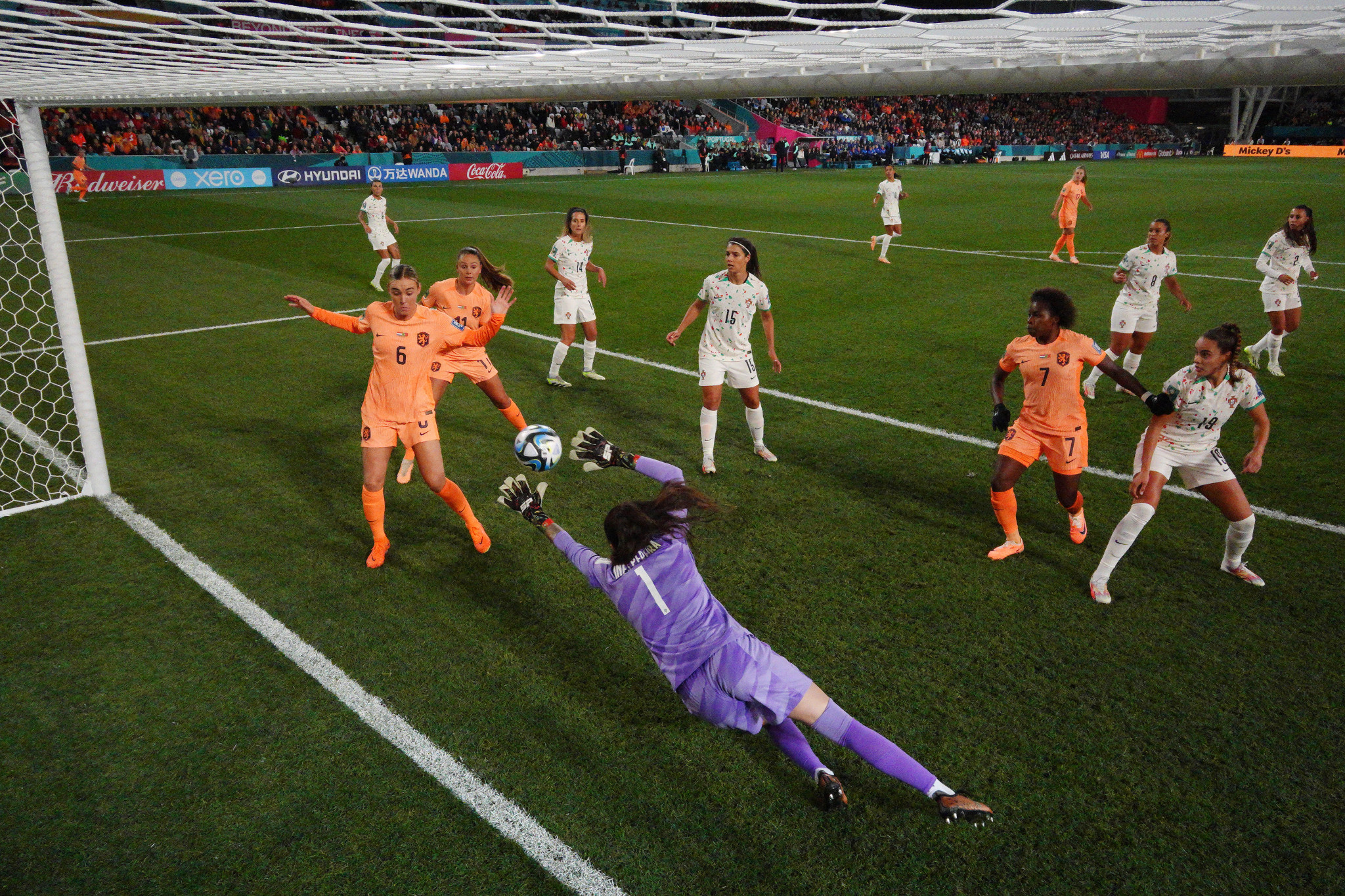 The Netherlands' goal was initially disallowed for offside, but Jill Roord, number six in orange, was deemed not to have interfered with play after a video assistant referee review ©Getty Images