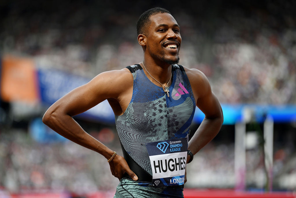 Zharnel Hughes pictured after lowering the British 200m record to 19.73sec in London last night - having predicted the time exactly ©Getty Images