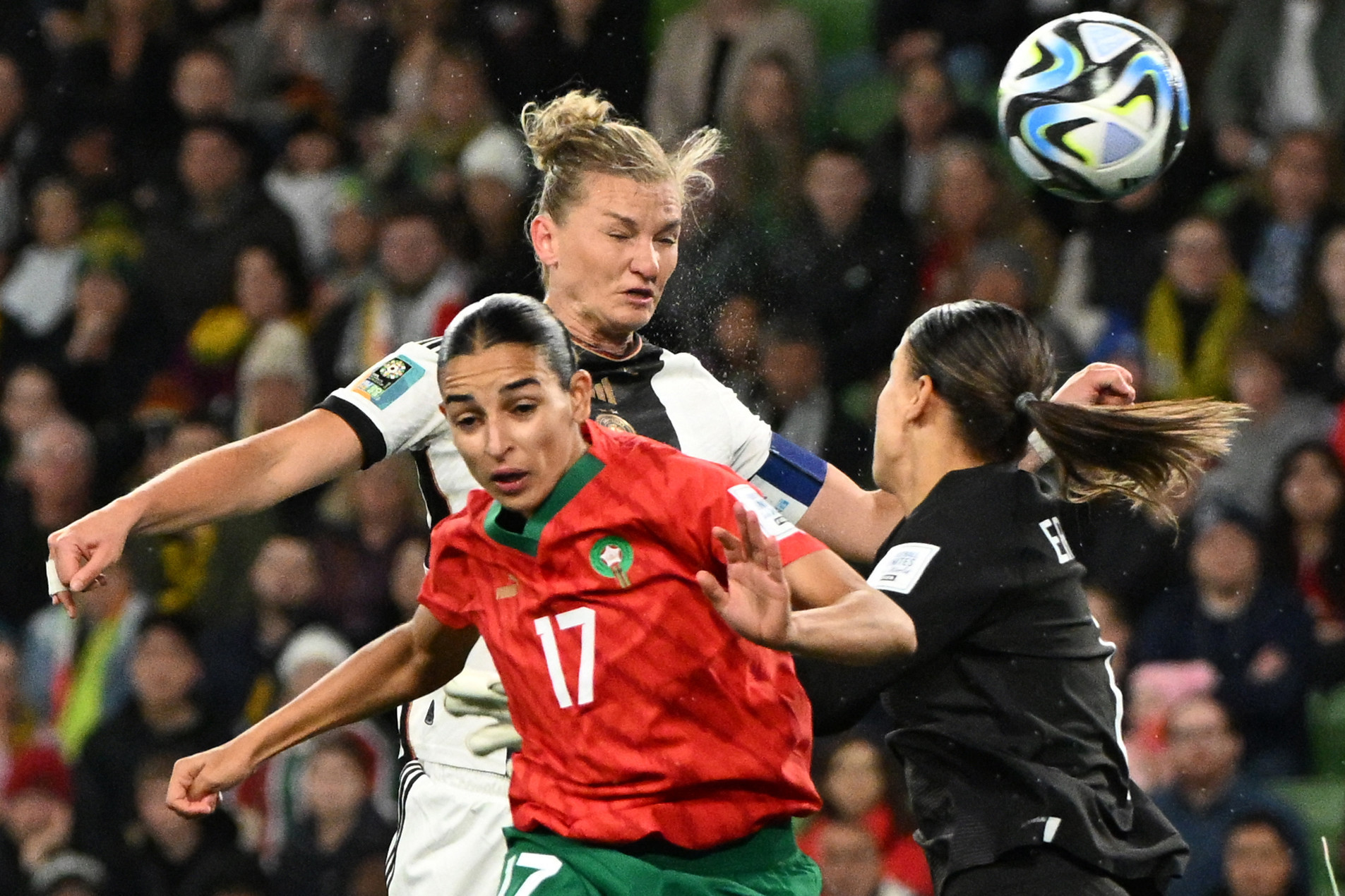 Germany's Alexandra Popp, centre, made a strong start in the race for the Golden Boot with two goals against Morocco ©Getty Images