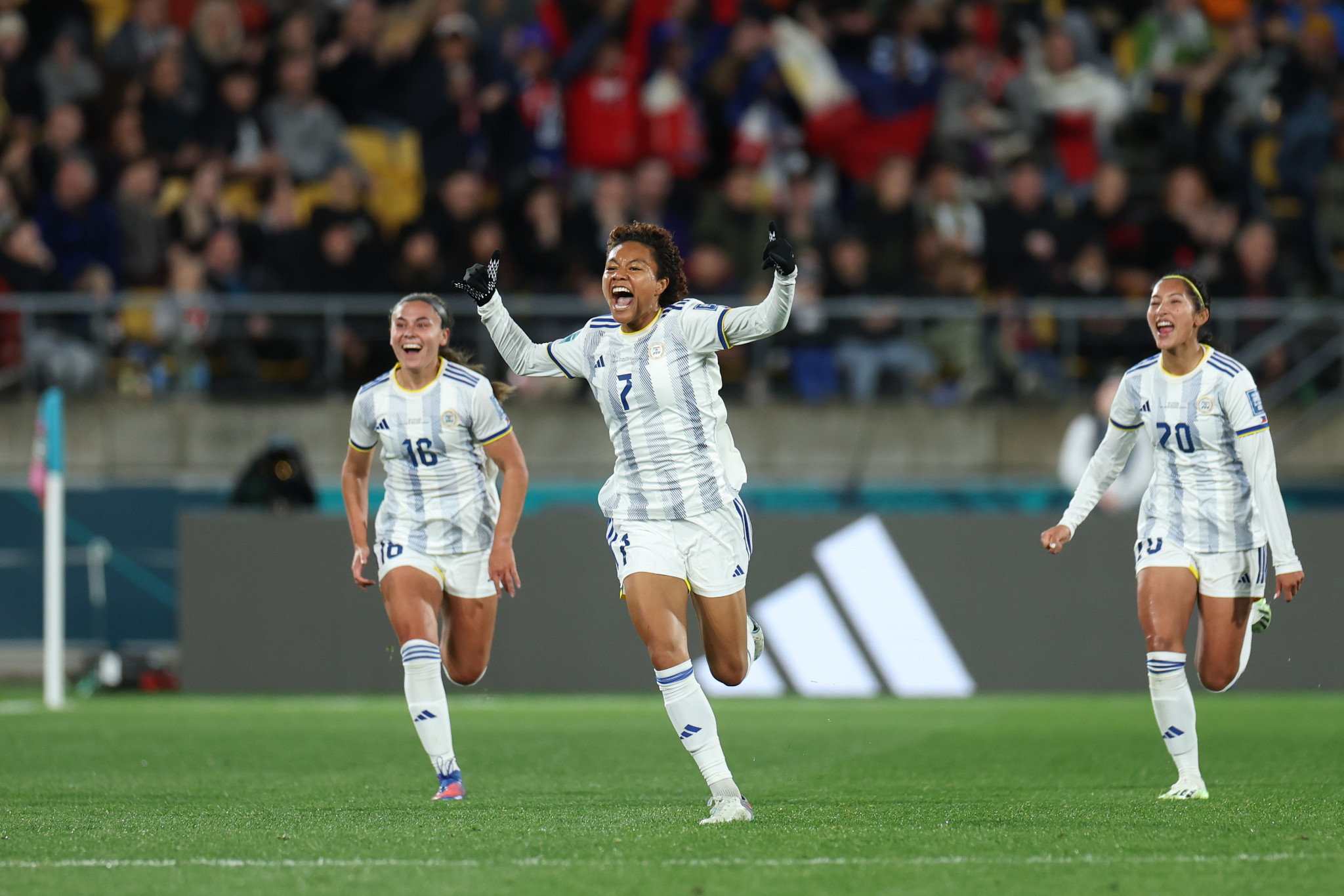 Sarina Bolden, centre, the Philippines secure a first win at the FIFA Women's World Cup by stunning co-hosts New Zealand 1-0 ©Getty Images
