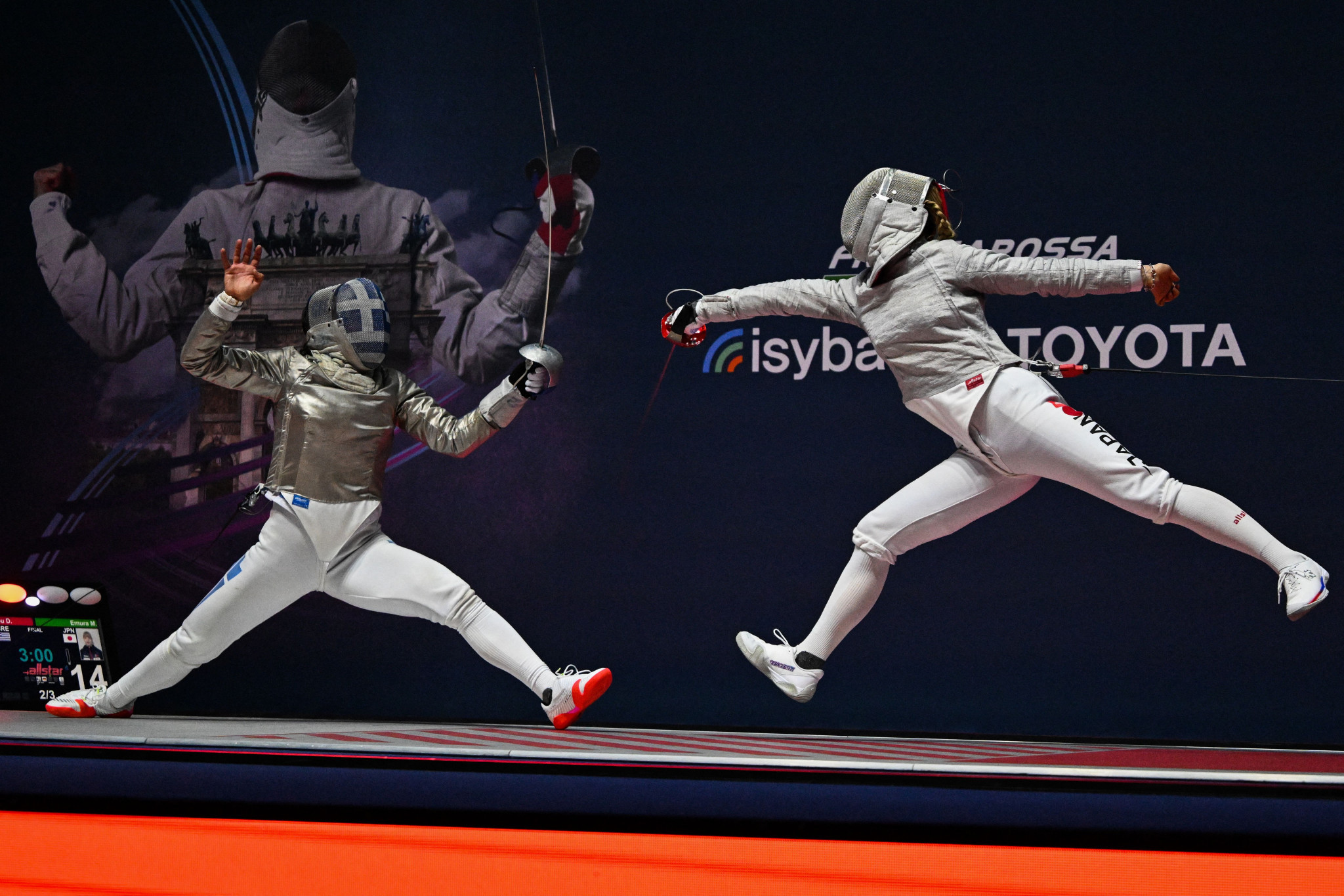 Misaki Emura of Japan, right, defended her women's sabre title at the FIE Fencing World Championships with victory against Greece's Despina Georgiadou, left ©Getty Images