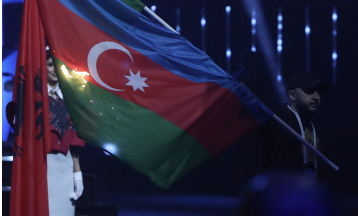 The Azerbaijan flag was set on fire during the Opening Ceremony of the European Weightlifting Championships in Yerevan ©YouTube
