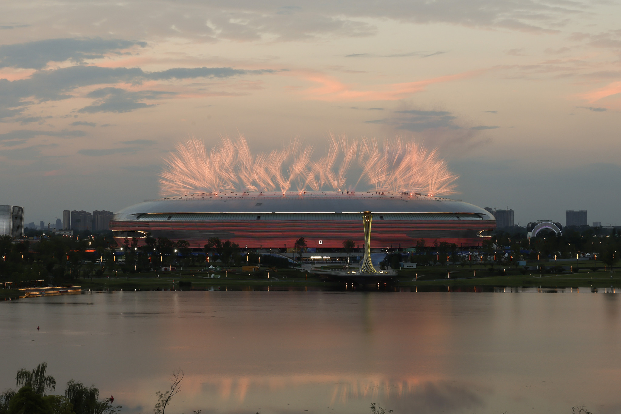 The Opening Ceremony began with a fireworks display at the Dong'an Lake Sports Park Stadium ©Getty Images