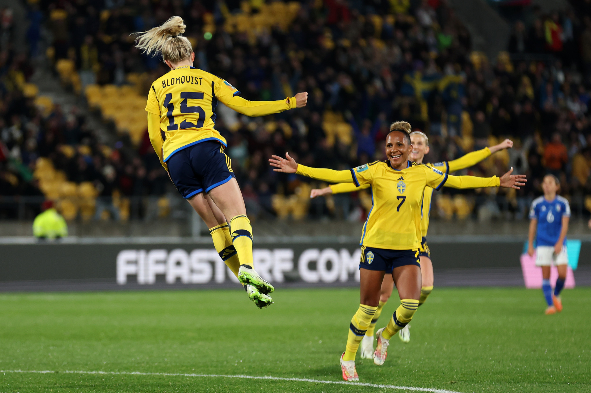Rebecka Blomqvist, left, scored Sweden's fifth as they beat Italy 5-0 to confirm their place in the knockout rounds ©Getty Images