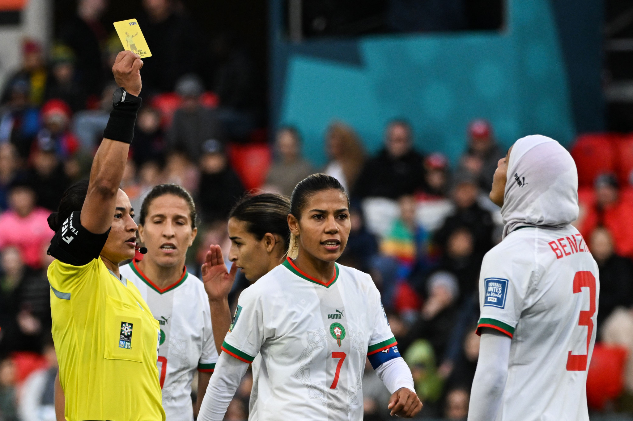 Nouhaila Benzina received a yellow card during her historic appearance in Morocco's 1-0 victory over South Korea at the FIFA Women's World Cup ©Getty Images