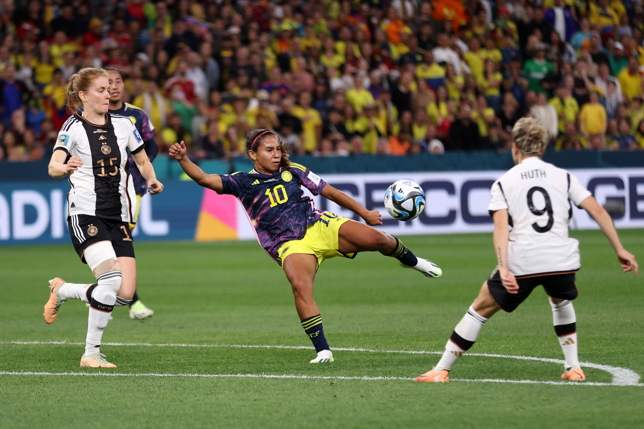 Leicy Santos hits a shot for Colombia during their memorable triumph over Germany ©Getty Images