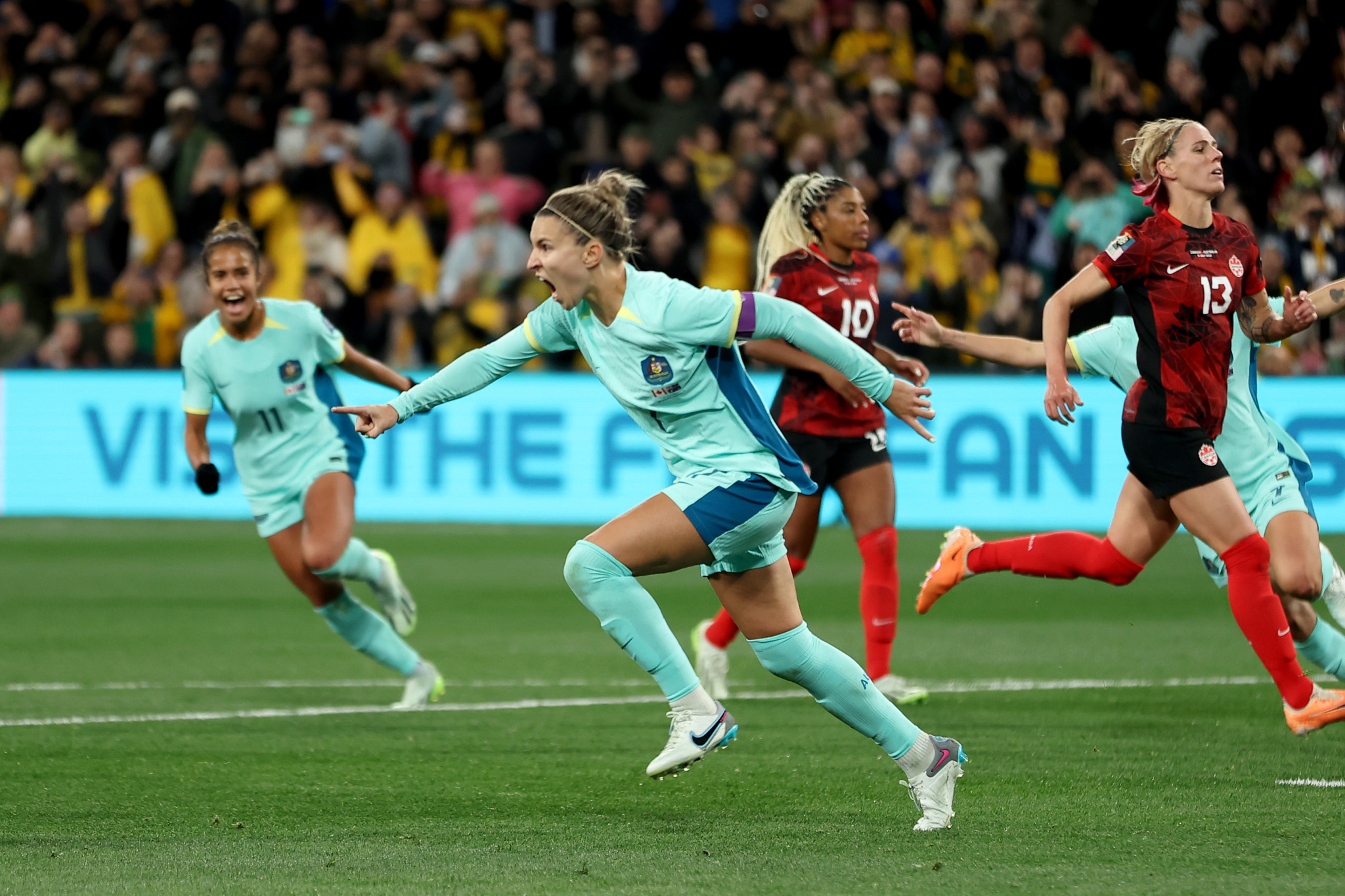 Steph Catley celebrates scoring from the penalty spot during Australia's 4-0 win over Olympic champions Canada ©Getty Images