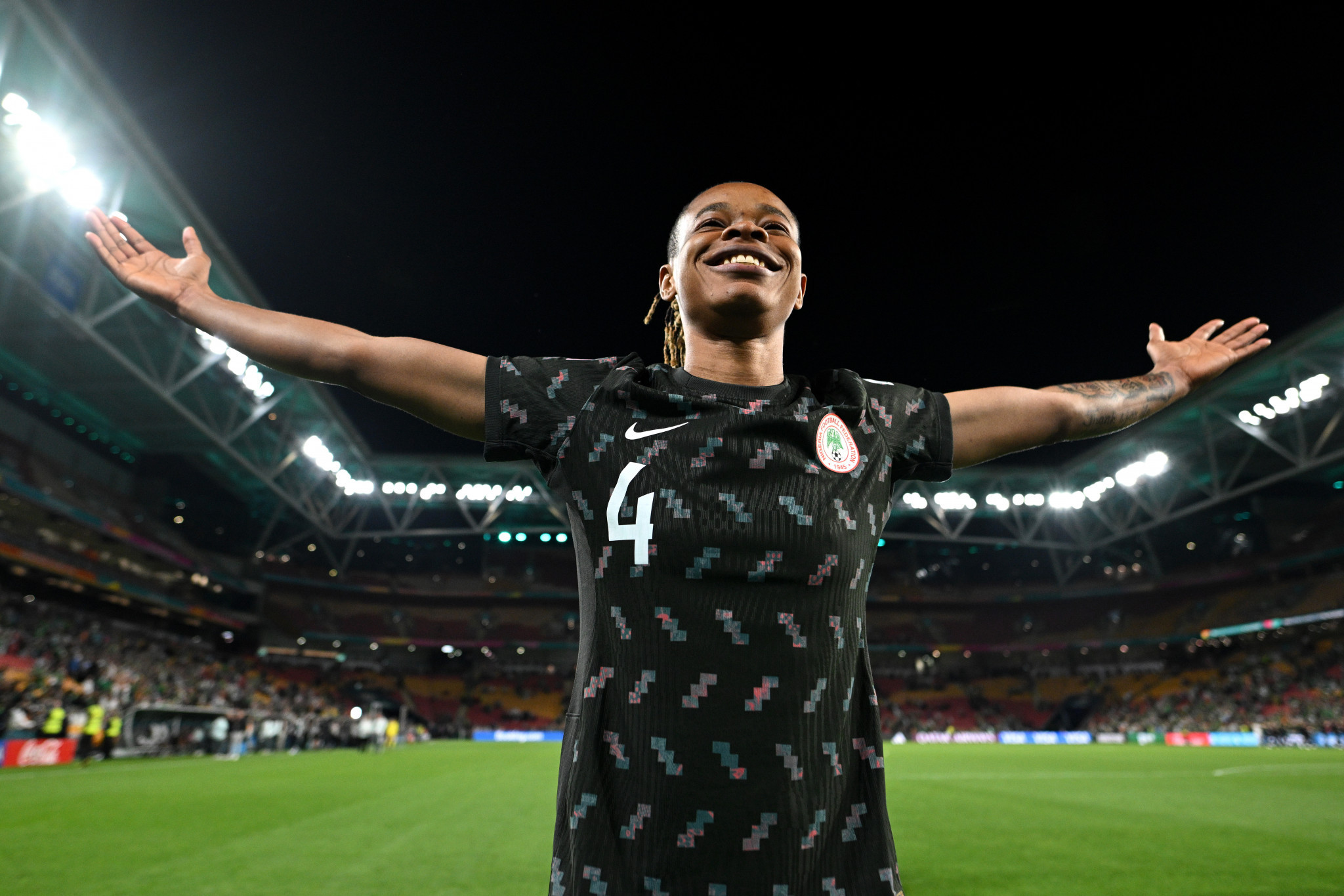 Nigeria's Glory Ogbonna celebrates after her side advance to the knockout stages following a goalless draw with the Republic of Ireland ©Getty Images