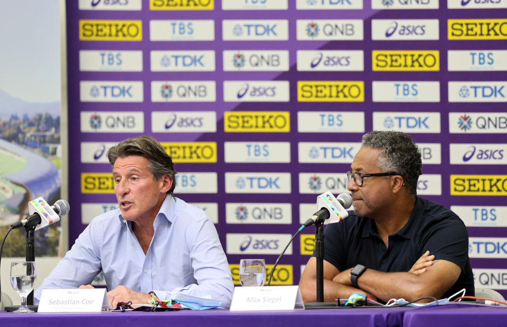 World Athletics President Sebastian Coe, left, and USATF chief executive Max Siegel, pictured at last year's World Championships in Eugen will discuss future collaborations during this month's World Championships in Budapest ©Getty Images