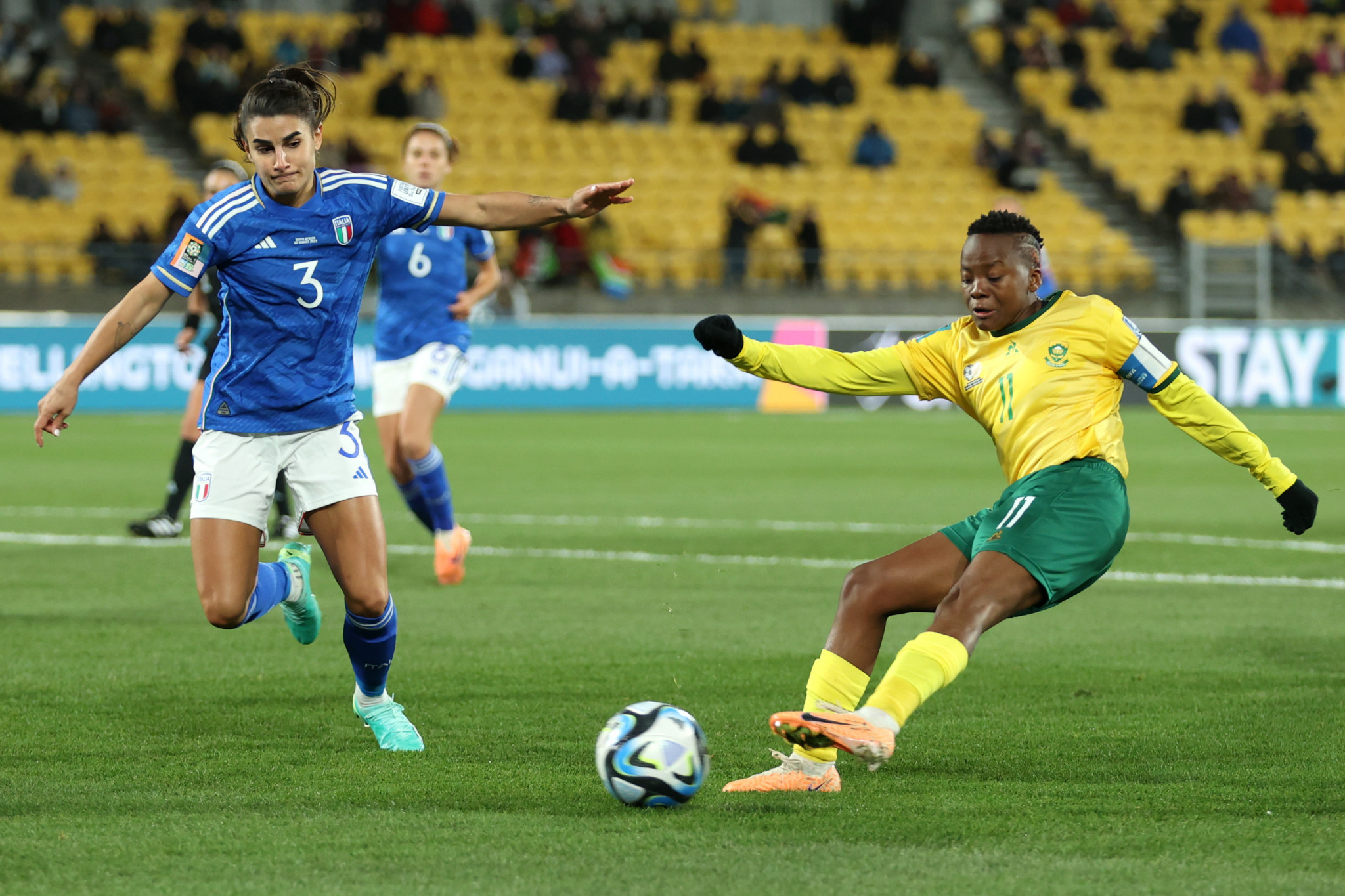 Thembi Kgatlana's stoppage-time winner for South Africa saw them reach the last 16 after a dramatic win over Italy ©Getty Images