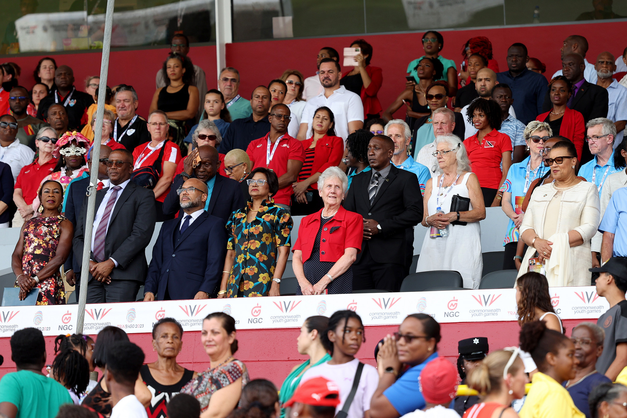 Trinidad and Tobago's President Christine Kangaloo, fourth left on front row, was among the guests at the Opening Ceremony and declared the Commonwealth Youth Games open ©Getty Images