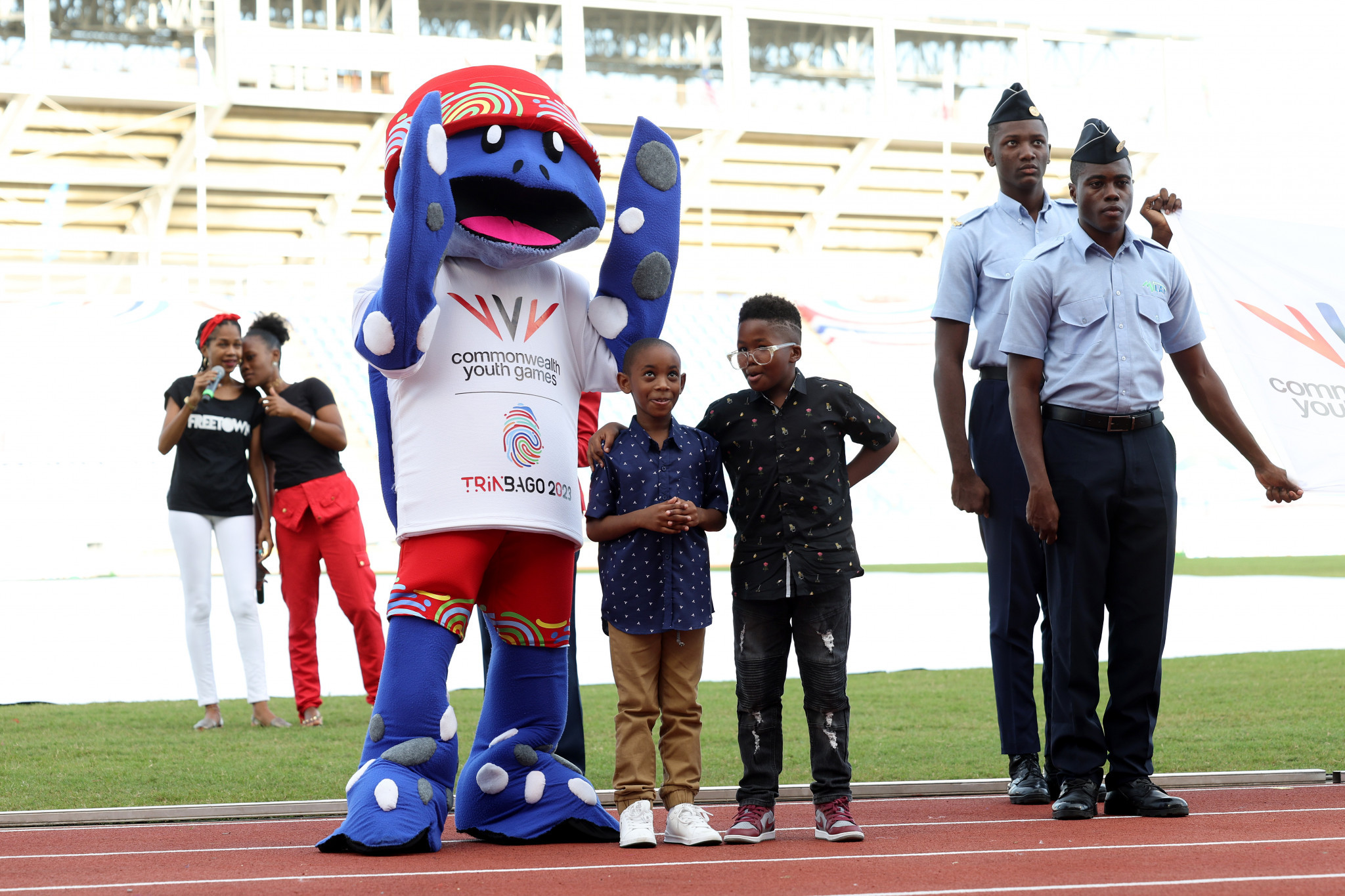 Trinbago 2023 leatherback turtle mascot Cocoyea, left, was in attendance at the Opening Ceremony ©Getty Images