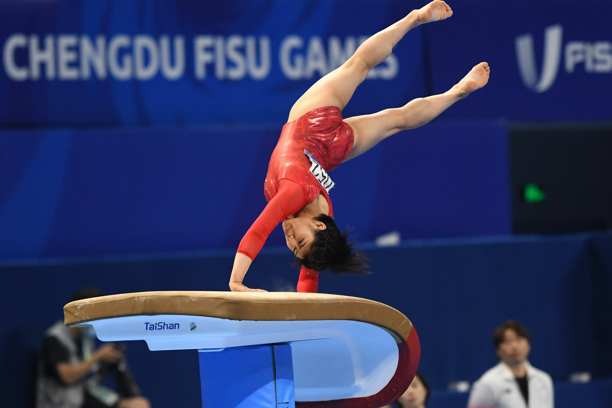 Ayaka Sakaguchi of Japan competes in the women's vault final ©Chengdu 2021