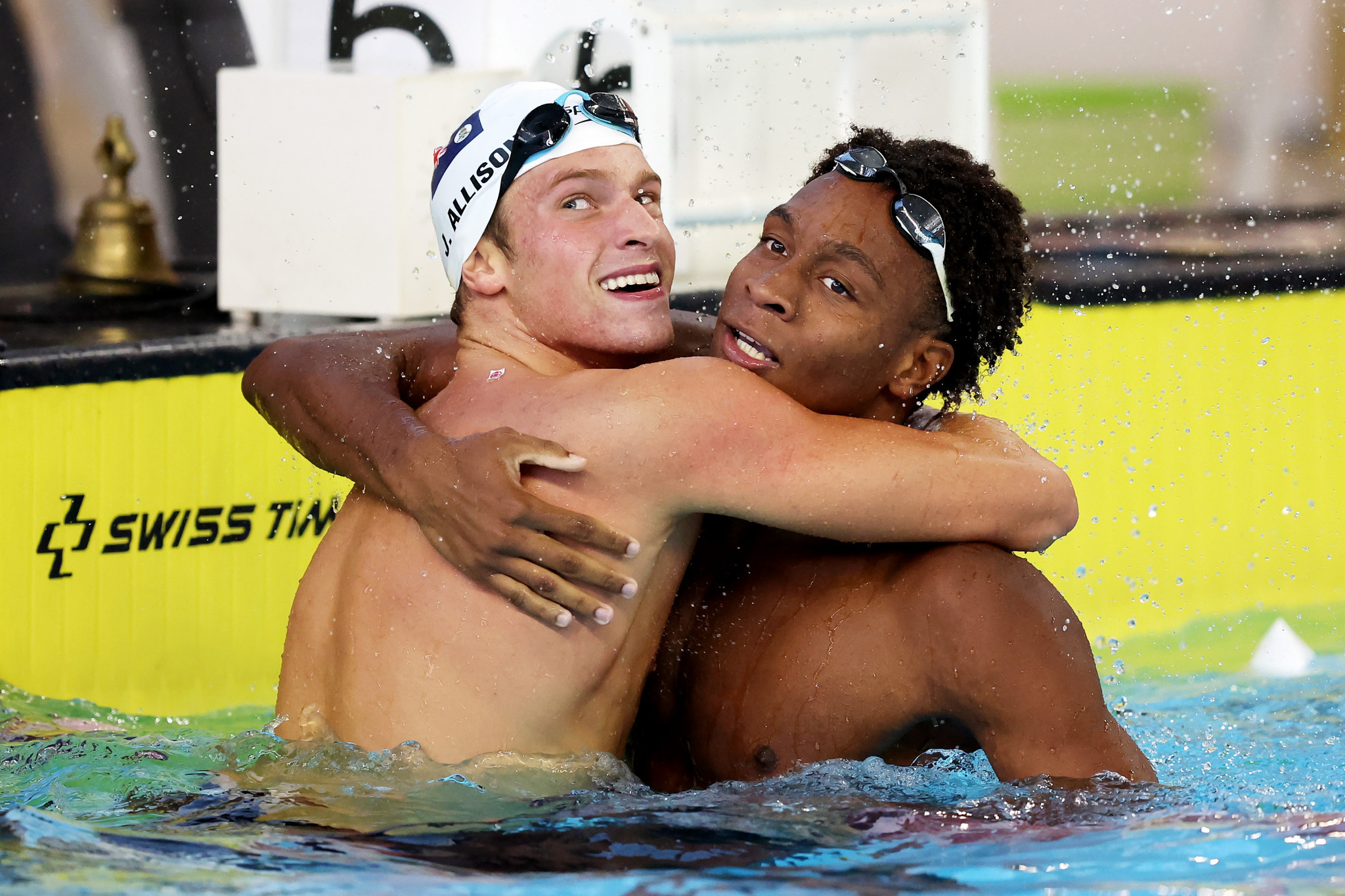 Nikoli Blackman, right, won the men's 200m freestyle final by more than one second ahead of silver medallist James Allison of the Cayman Islands, left ©Getty Images